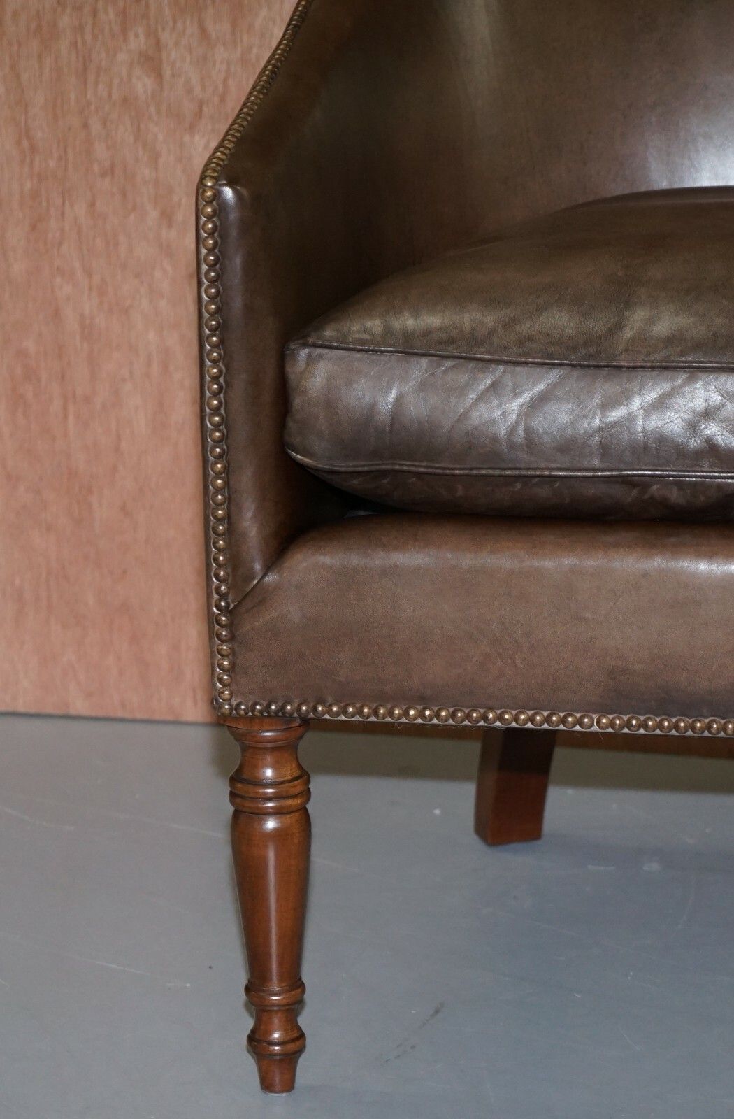 3500.0 Pair Of Sublime Hand Dyed Barrel Back Tub Armchairs In Brown Leather Comfortable photo