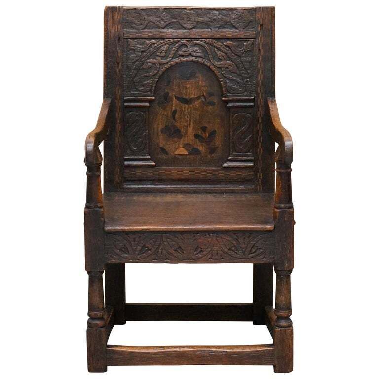 17th Century Charles I English Oak Wainscot Armchair Primate Design Hand Carved