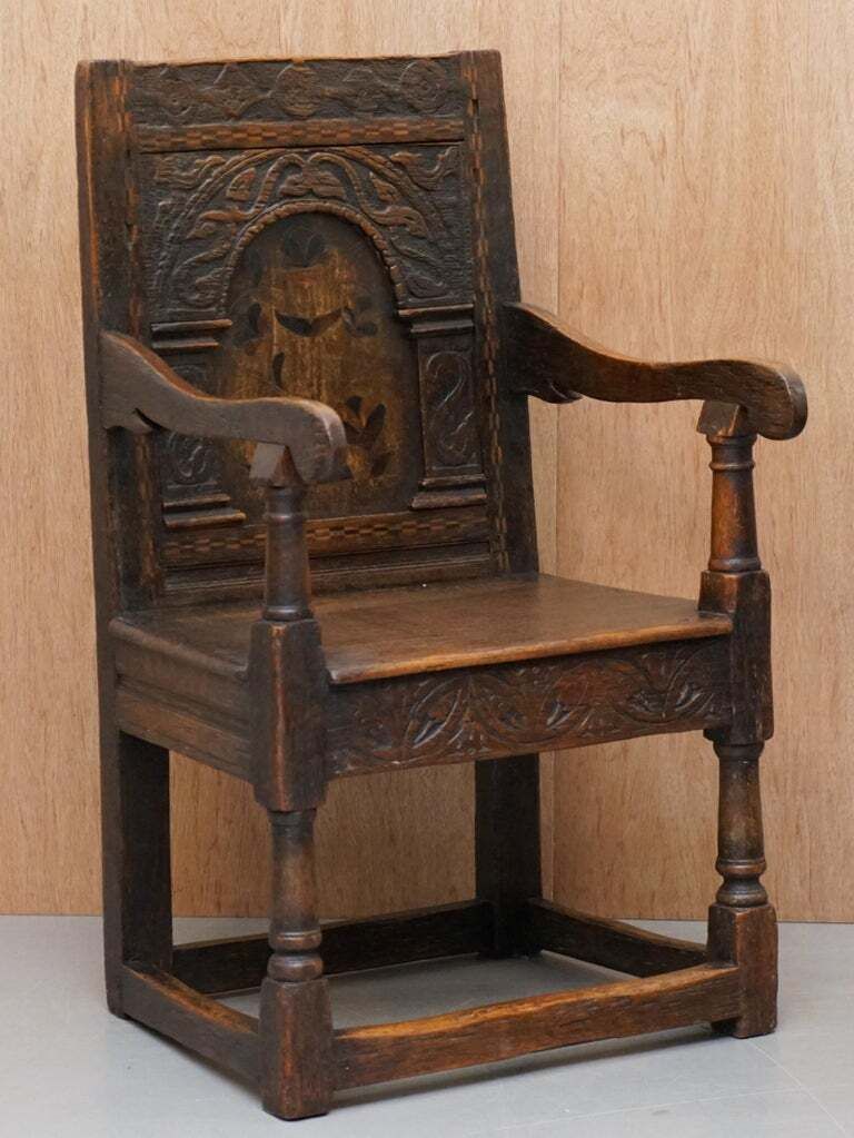 17th Century Charles I English Oak Wainscot Armchair Primate Design Hand Carved photo furniture