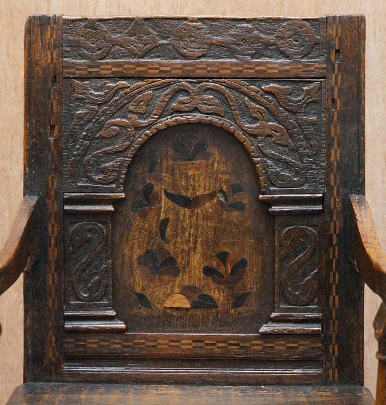 17th Century Charles I English Oak Wainscot Armchair Primate Design Hand Carved photo Furniture
