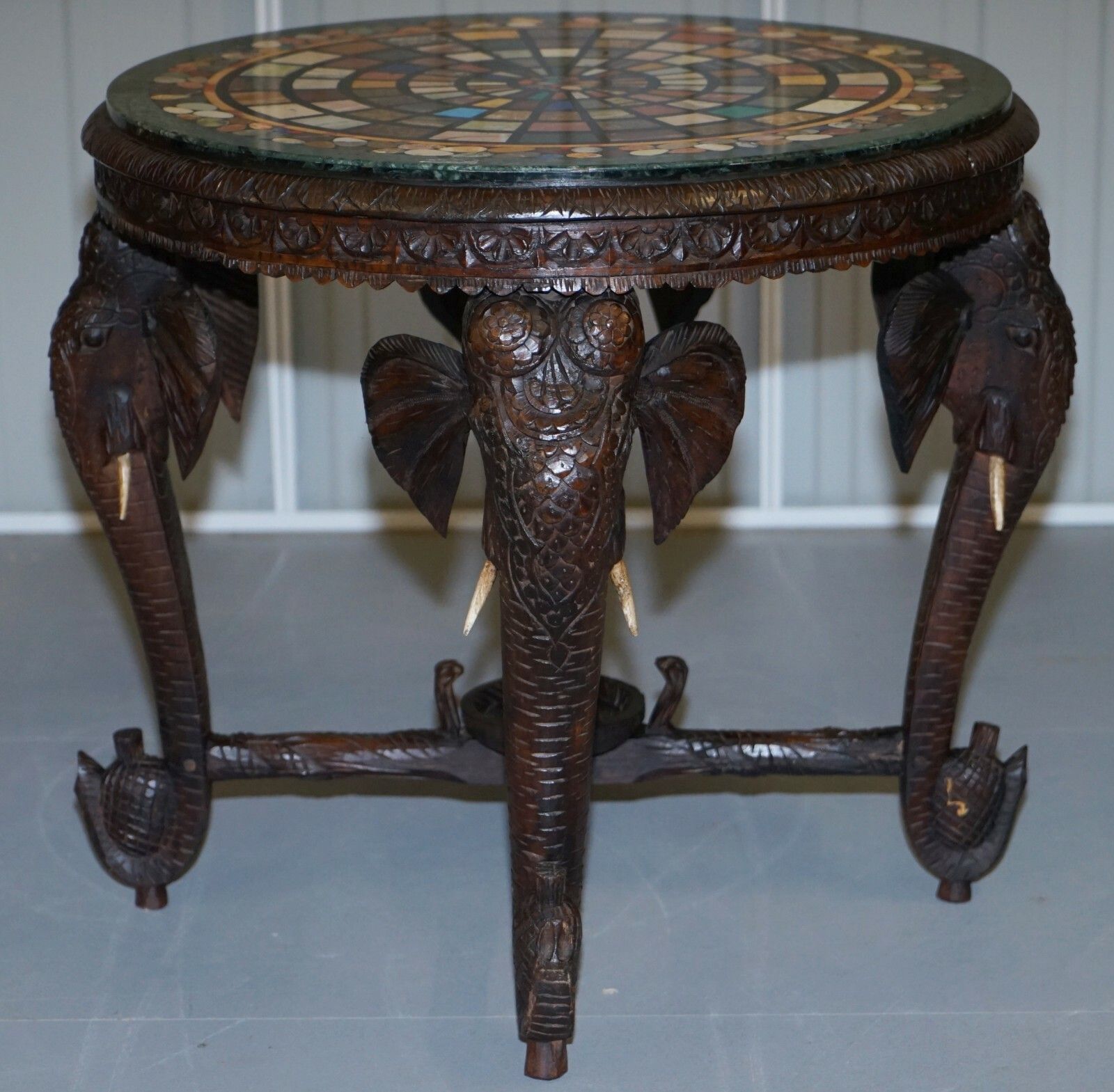 Burmese Hand Carved Elephant Occasional Table Pietra Dura Specimen Marble Top photo vintage
