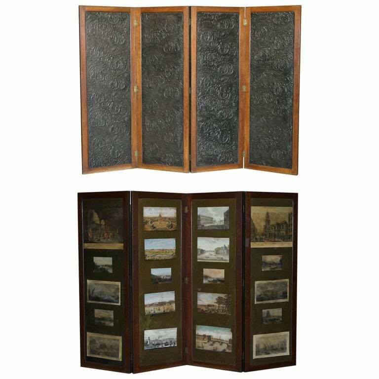 Victorian 193x268cm Embossed Leather & Water Colour Folding Screen Room Divider