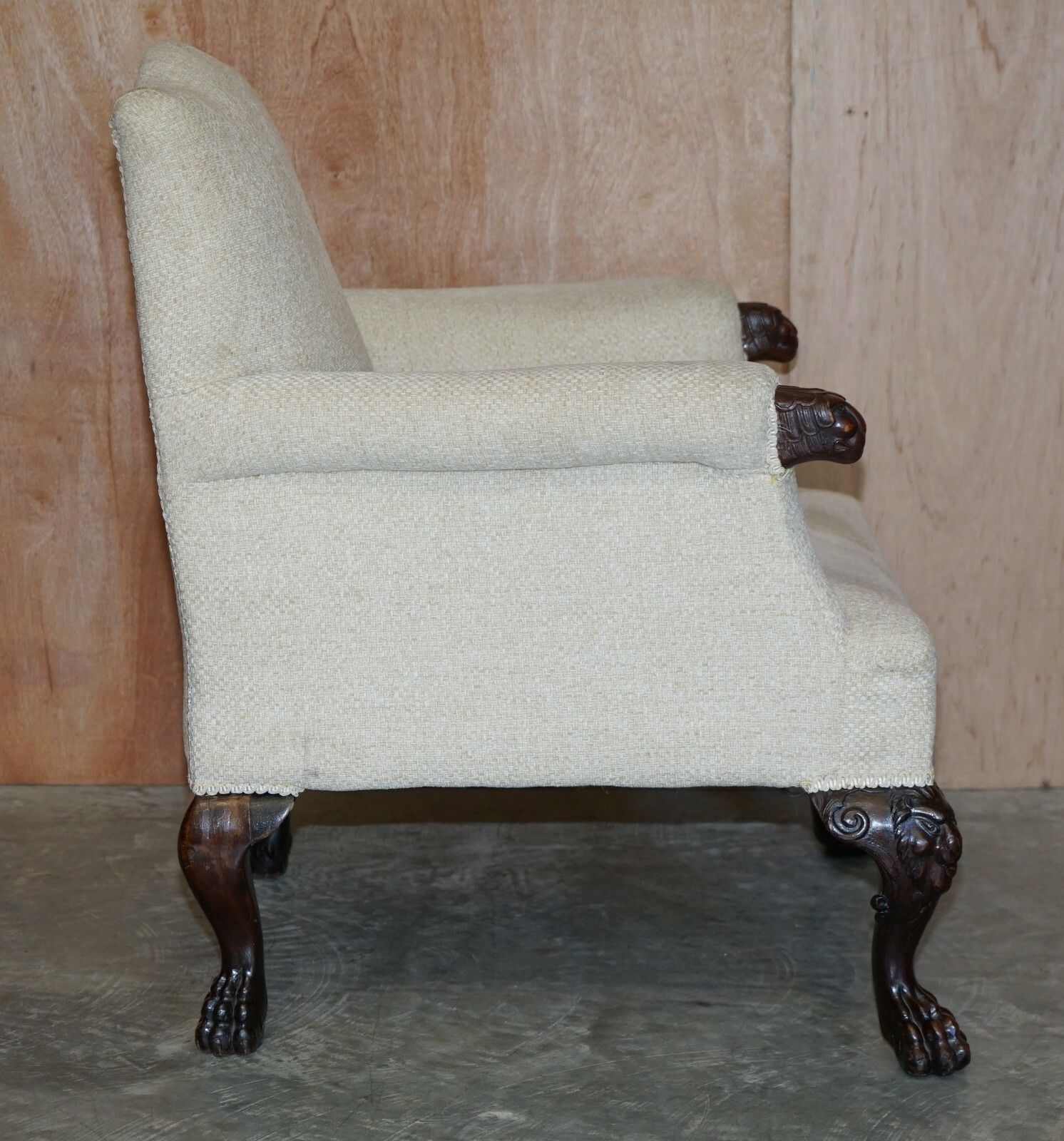 photo for sale Lovely Antique Ornately Hand Carved Lion's Hairy Paw Leg Club Library Armchair