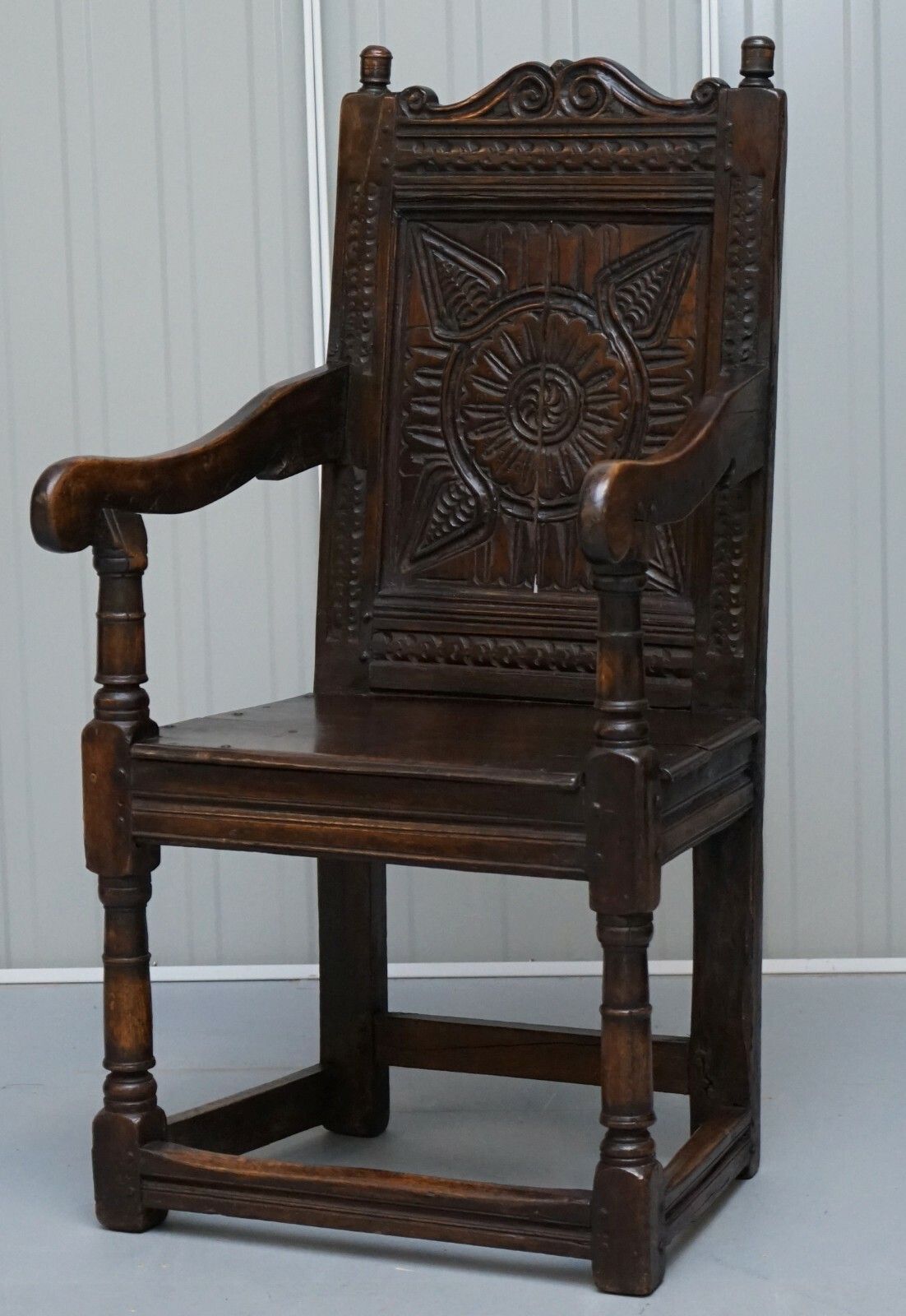 Exceptionally Rare Original 17th Century Wainscot Armchair Northern England Oak photo for sale