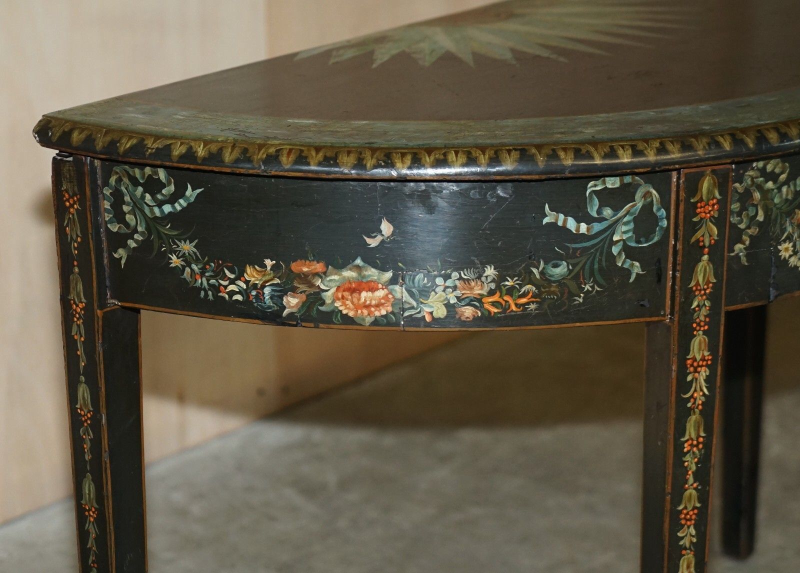 Fine 18th Century Circa 1760 Hand Polychrome Painted Demi Lune Console Table photo buy