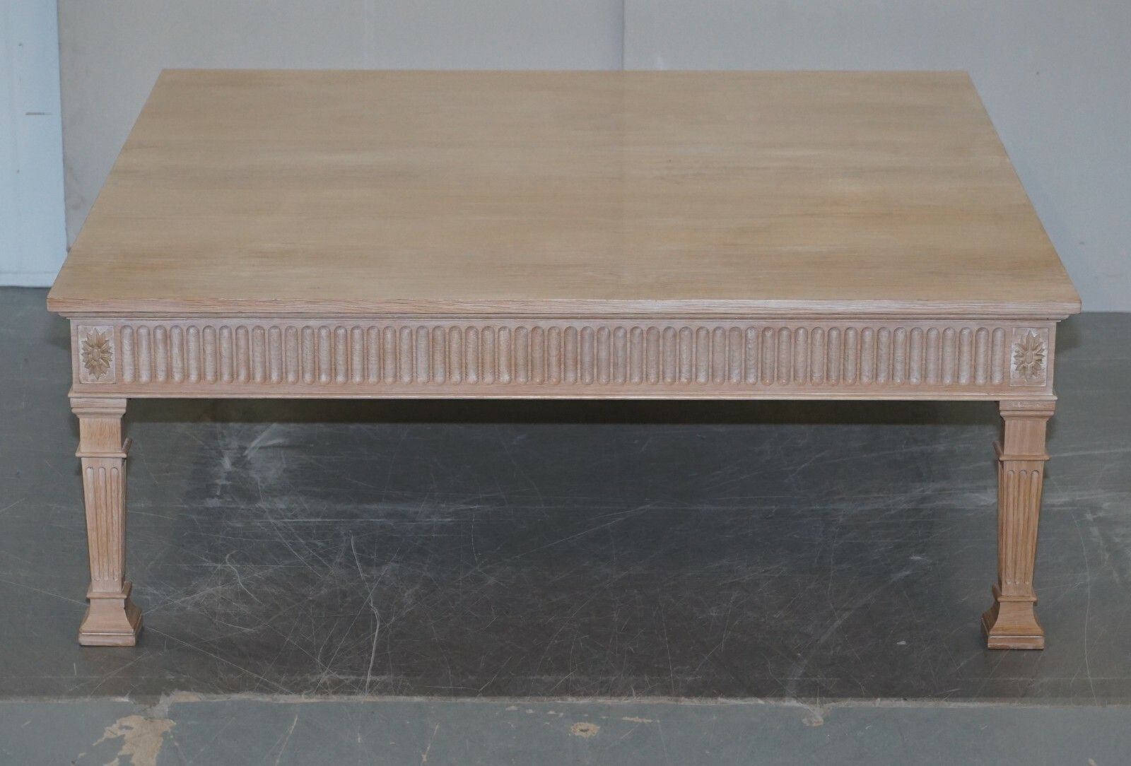 Very Large Limed Oak Coffee Of Cocktail Table 123.5cm Wide Carved Pillared Legs photo furniture