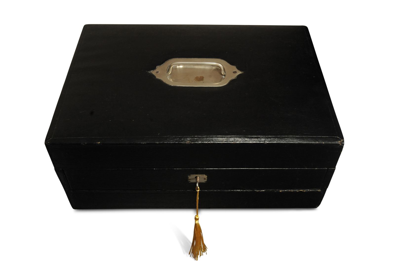 photo for sale Victorian Glossy Black Leather Extending Correspondence Box / Writing Slope With Black Tooled Leather Interior