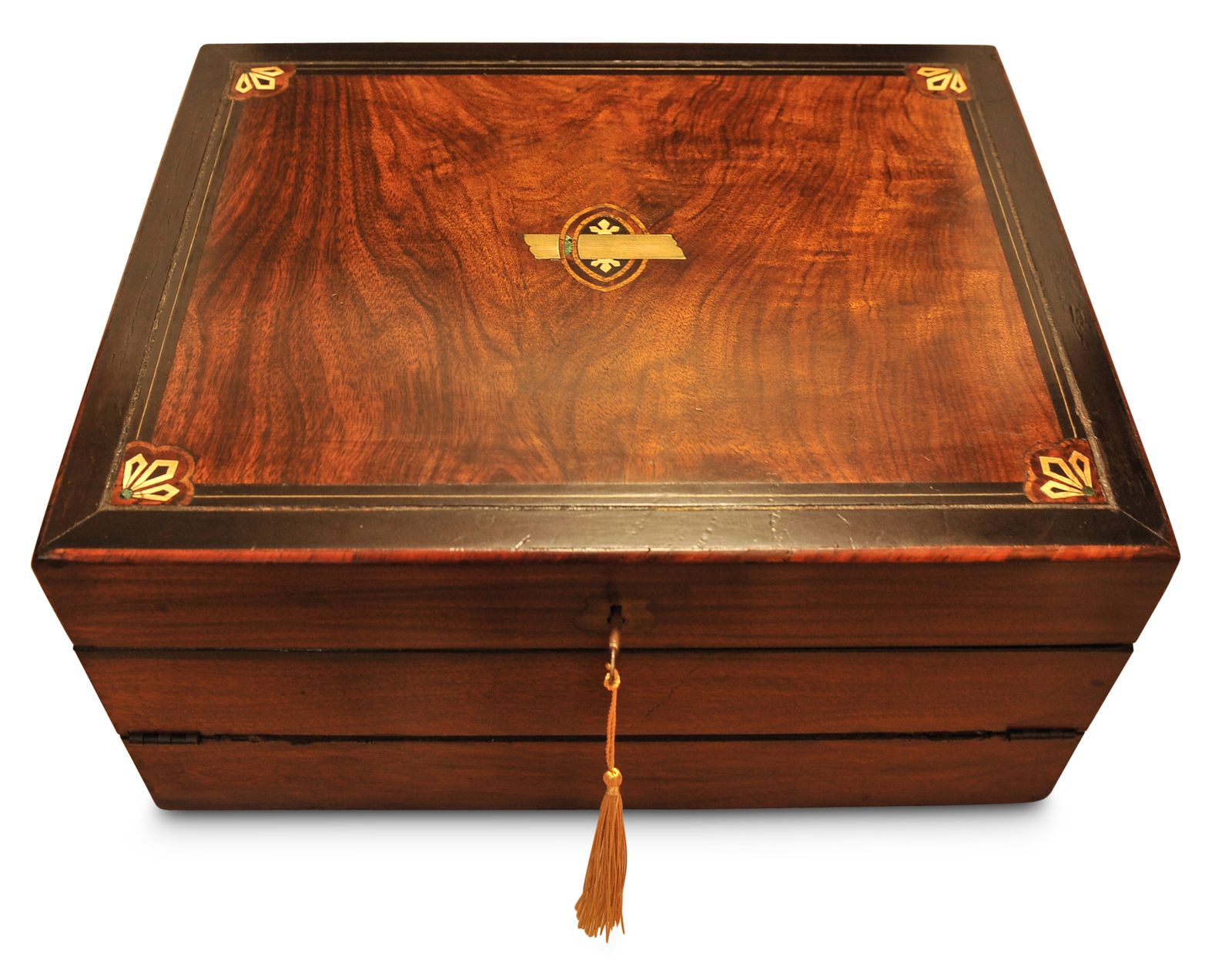 Elegant 19th Century Victorian Flame Mahogany Decorative Inlaid Writing Slope With Black Ebonised Accents With A Tooled Leather Interior