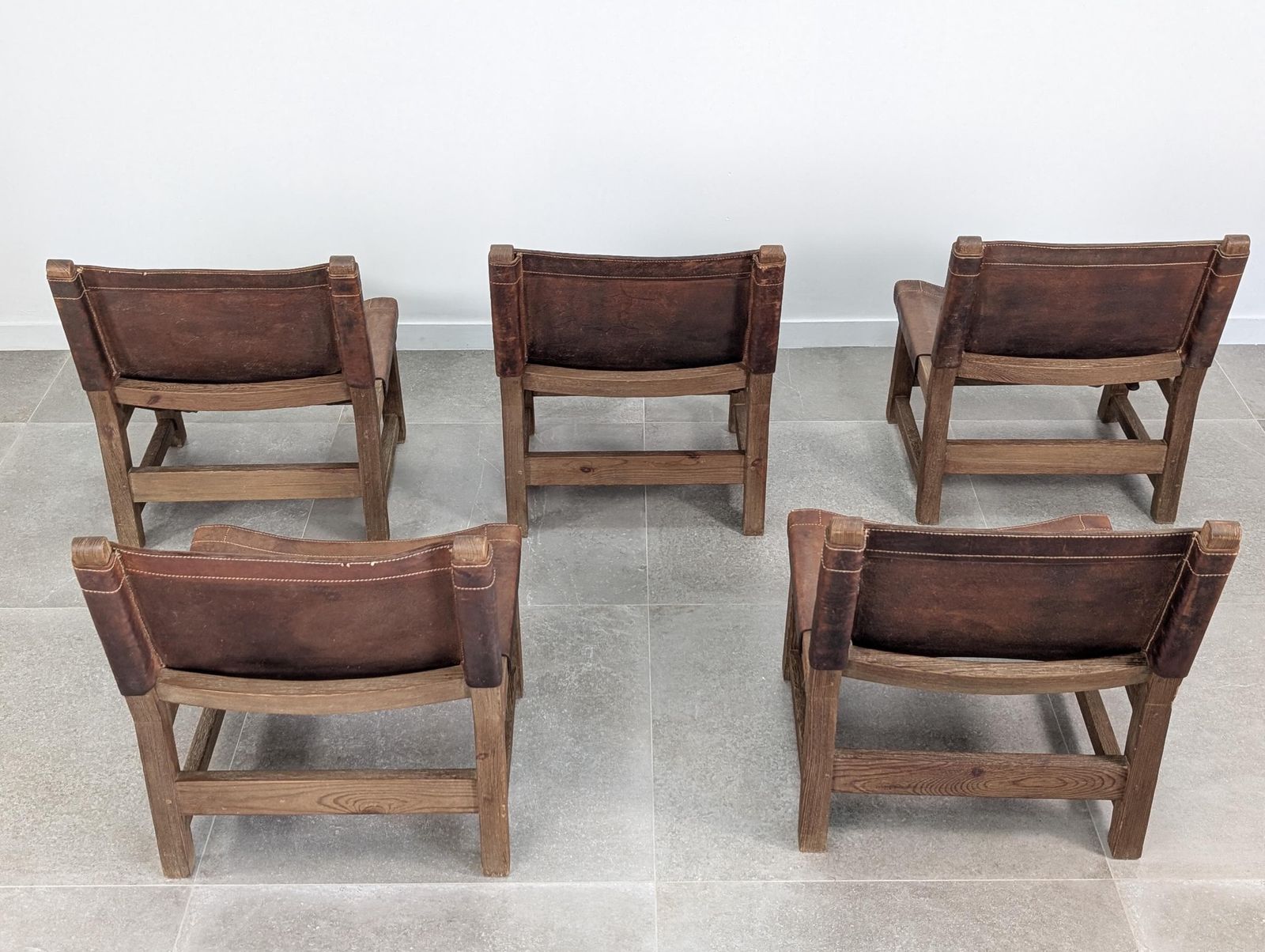 Set Of 5 Spanish Leather And Oak Chairs, Paco Muñoz Style, 1960s photo Furniture