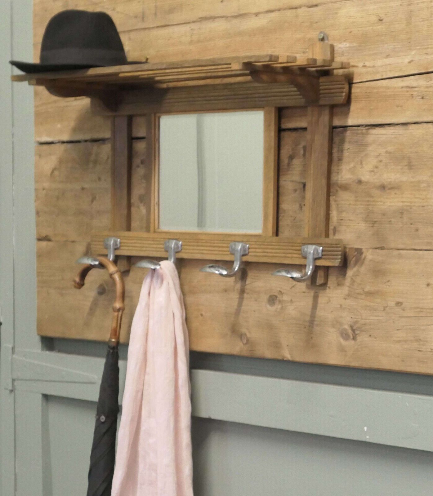 Arts And Crafts French Pine Wall Mirror With Shelf And Coat Hooks photo 480.0