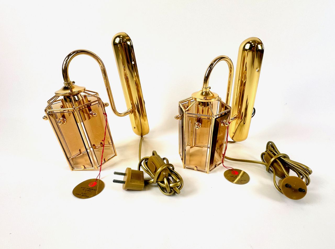 photo for sale Gold Plated Smoked Glass Wall Lamps Model 1720 1 From Sego Armatur As, Sweden, 1970s, Set Of 2