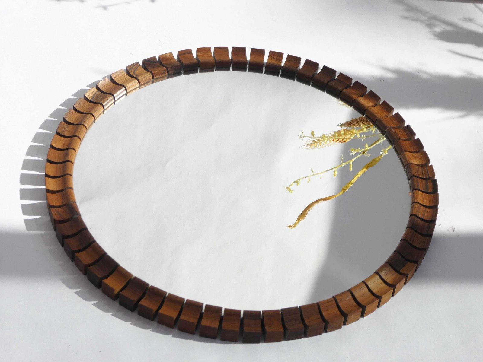 Mid Century Danish Teak & Rosewood Wall Mirror, Wooden Scandinavian Round Mirror With Geometrical Shaped Frame photo vinterior