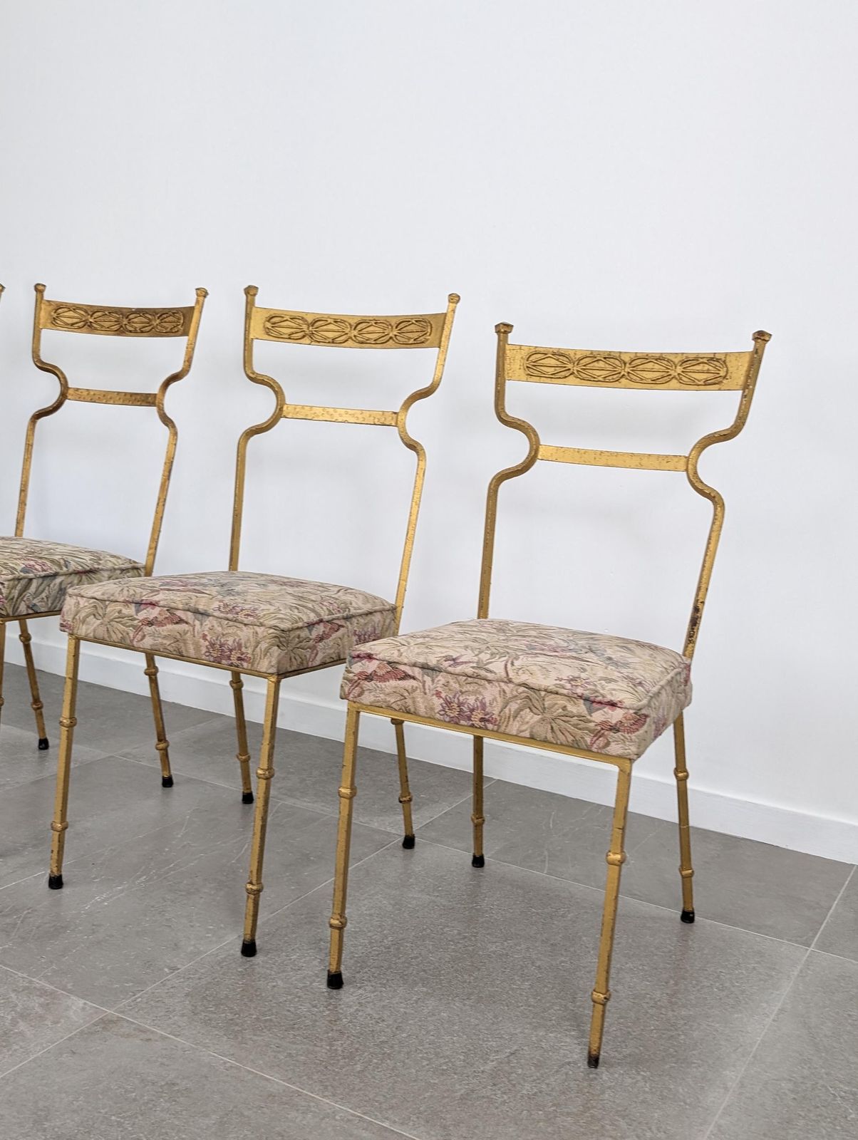 Set Of 4 Gold Wrought Iron Chairs With Floral Tapestry, 1980s photo for sale