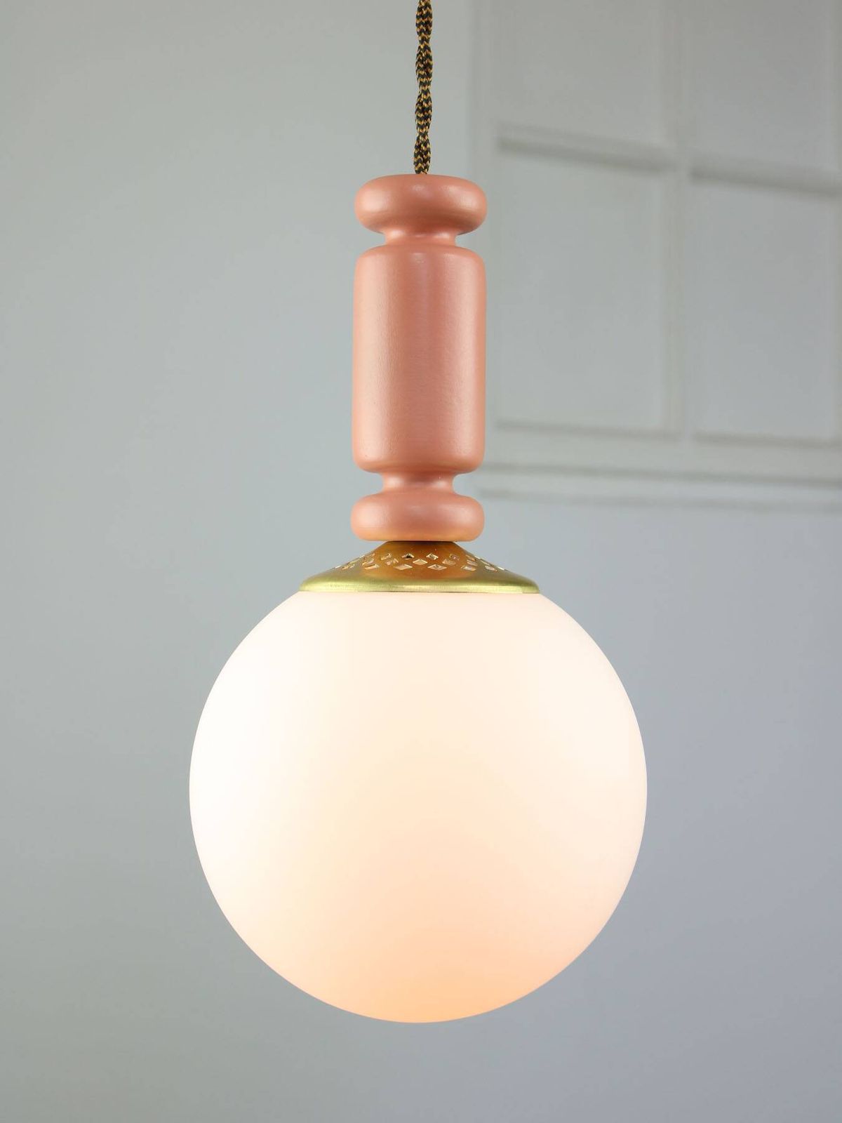 photo furniture Mid Century Italian Brass & Opaline Glass Pendant Lamps, Set Of 2