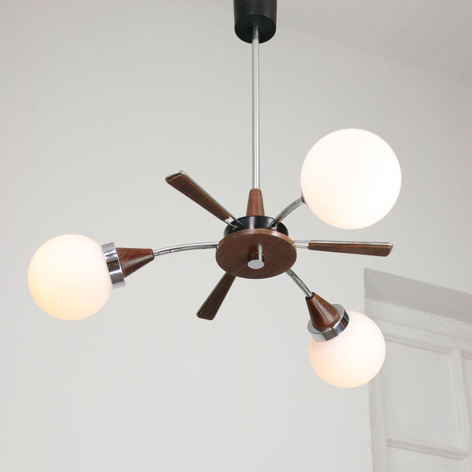 Mid Century Modern Italian Chrome And Opaline Chandelier photo vintage
