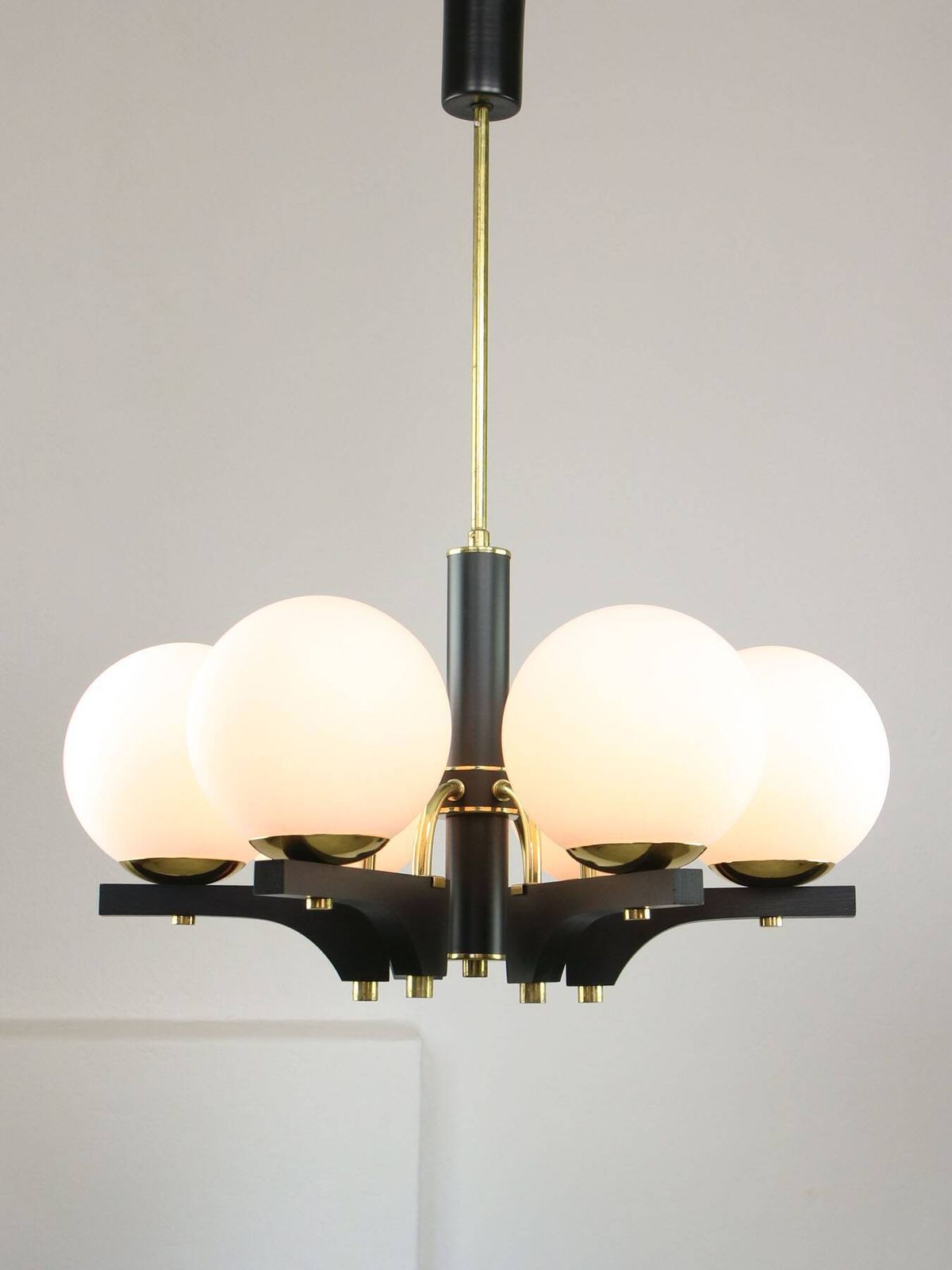 Mid Century Modern Italian Brass And Opaline Chandelier photo for sale