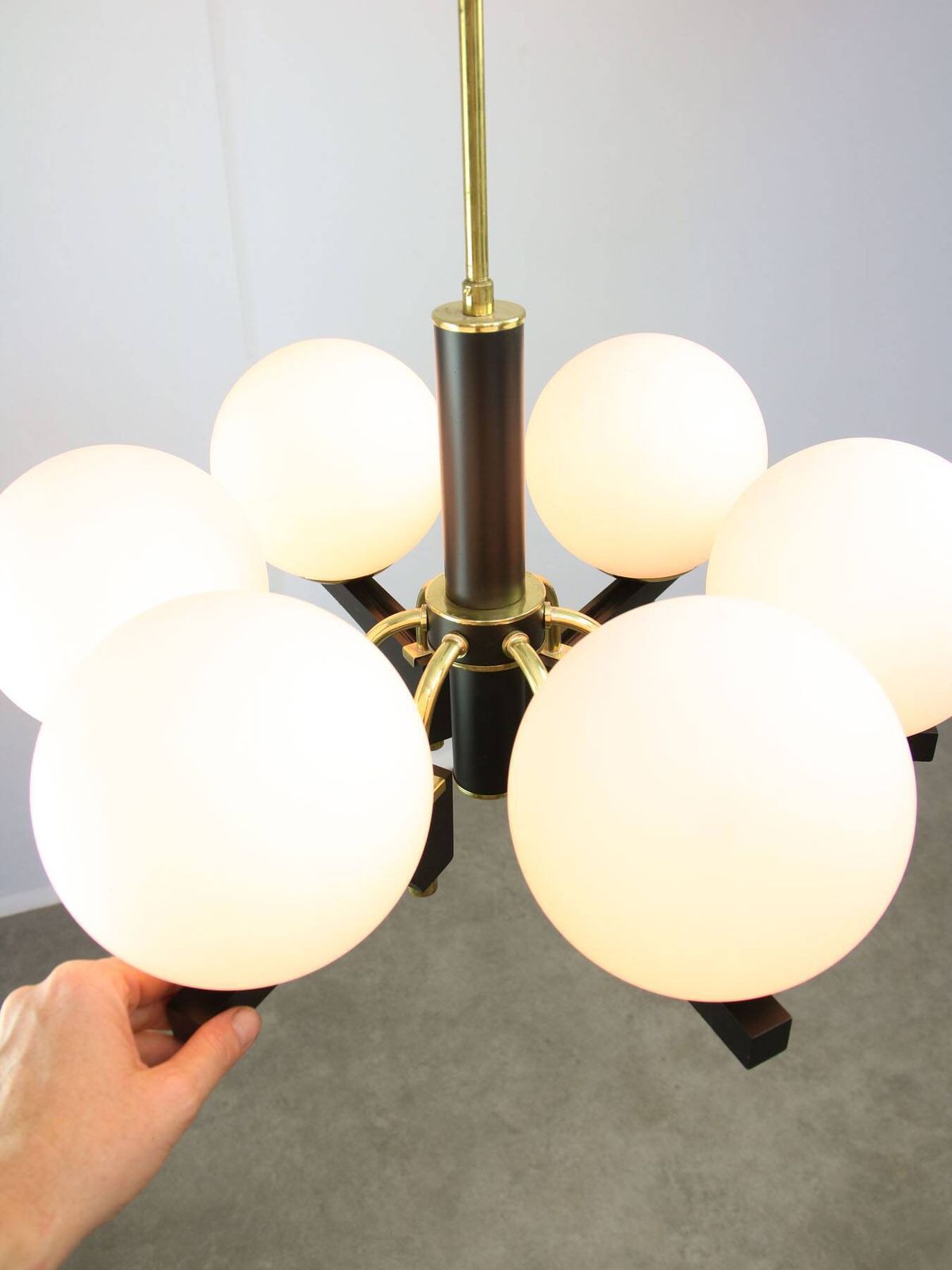 704.0 Mid Century Modern Italian Brass And Opaline Chandelier photo