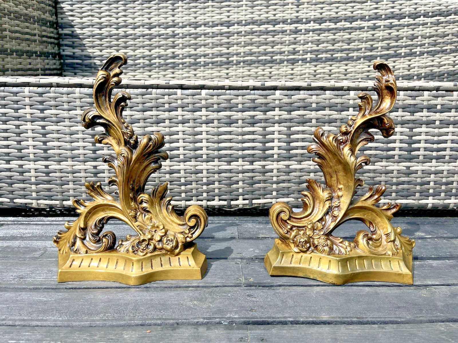 French Rococo Style Acanthus Fireside Fire Dogs Andirons Chenet Antique Vintage