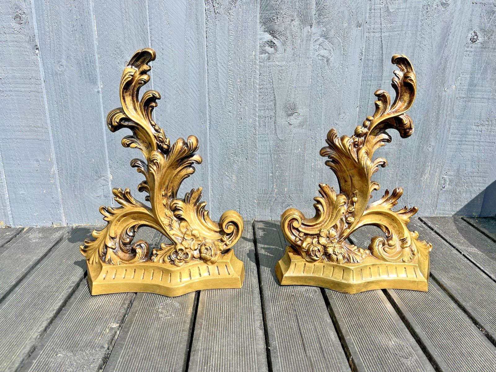 French Rococo Style Acanthus Fireside Fire Dogs Andirons Chenet Antique Vintage photo furniture