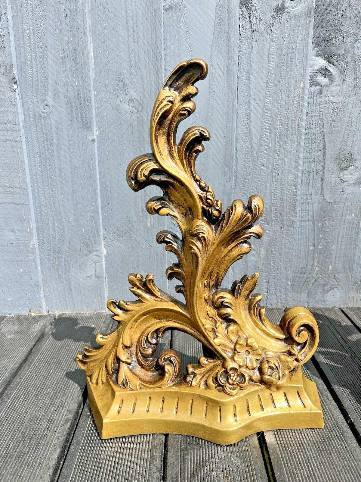 French Rococo Style Acanthus Fireside Fire Dogs Andirons Chenet Antique Vintage photo for sale