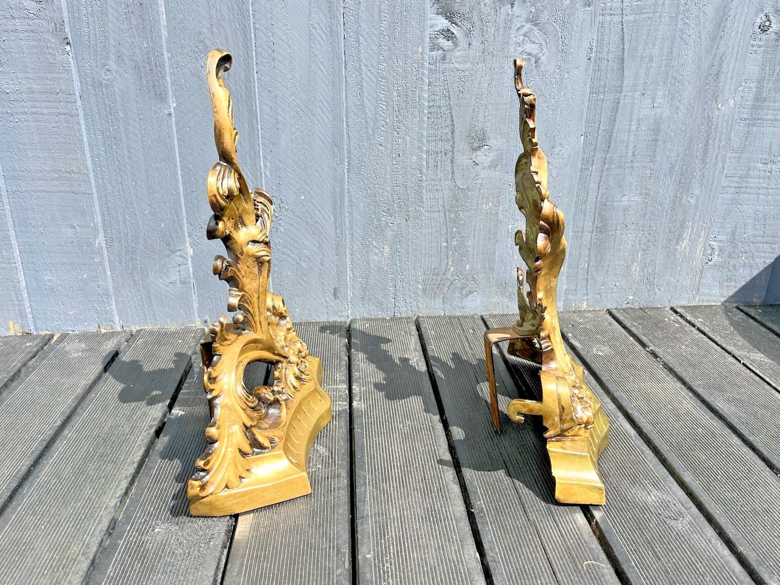 French Rococo Style Acanthus Fireside Fire Dogs Andirons Chenet Antique Vintage photo buy
