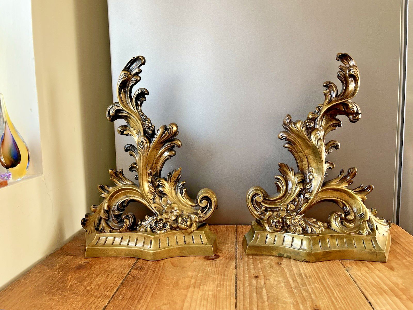 photo buy French Rococo Style Acanthus Fireside Fire Dogs Andirons Chenet Antique Vintage