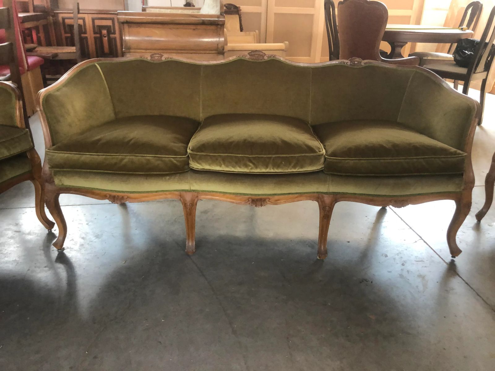 Mid 20th Century Italian Style Armchairs And Sofa In Walnut Wood Carved   3 Pieces photo 8782.0
