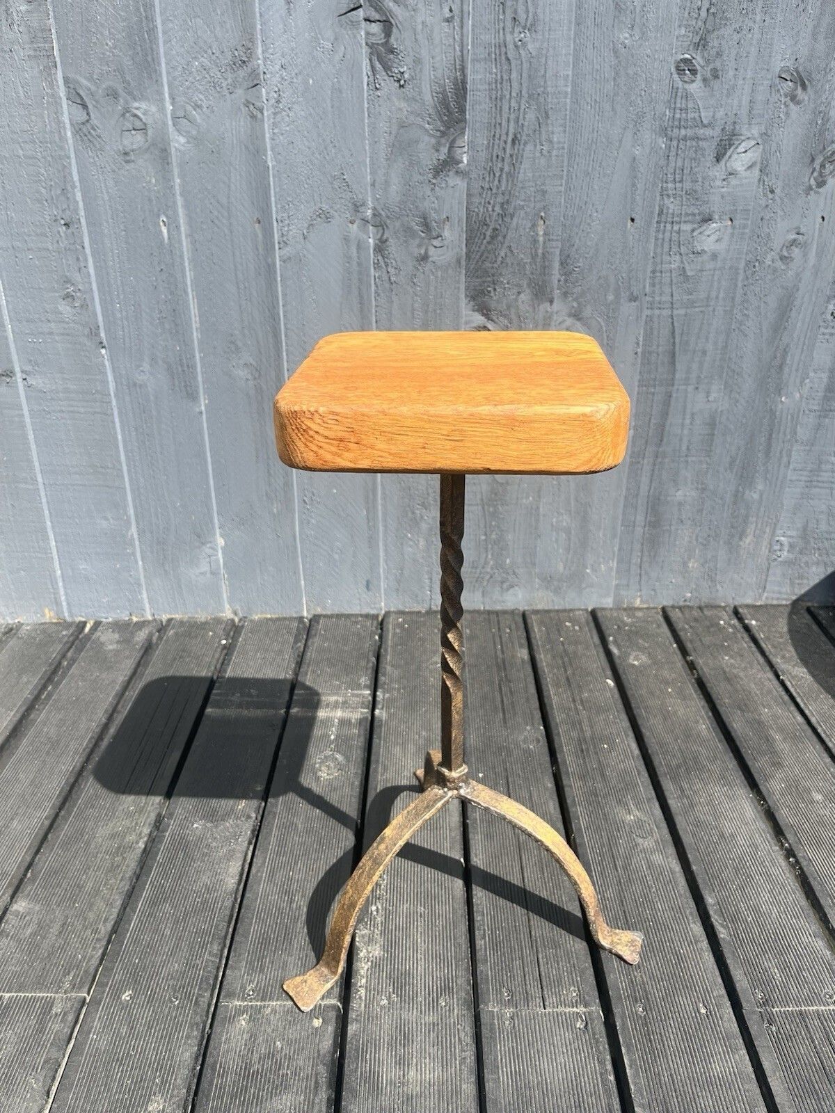 Old Rustic Oak Wrought Iron Stool Country Farmhouse Antique Vintage Plant Stand photo 165.0