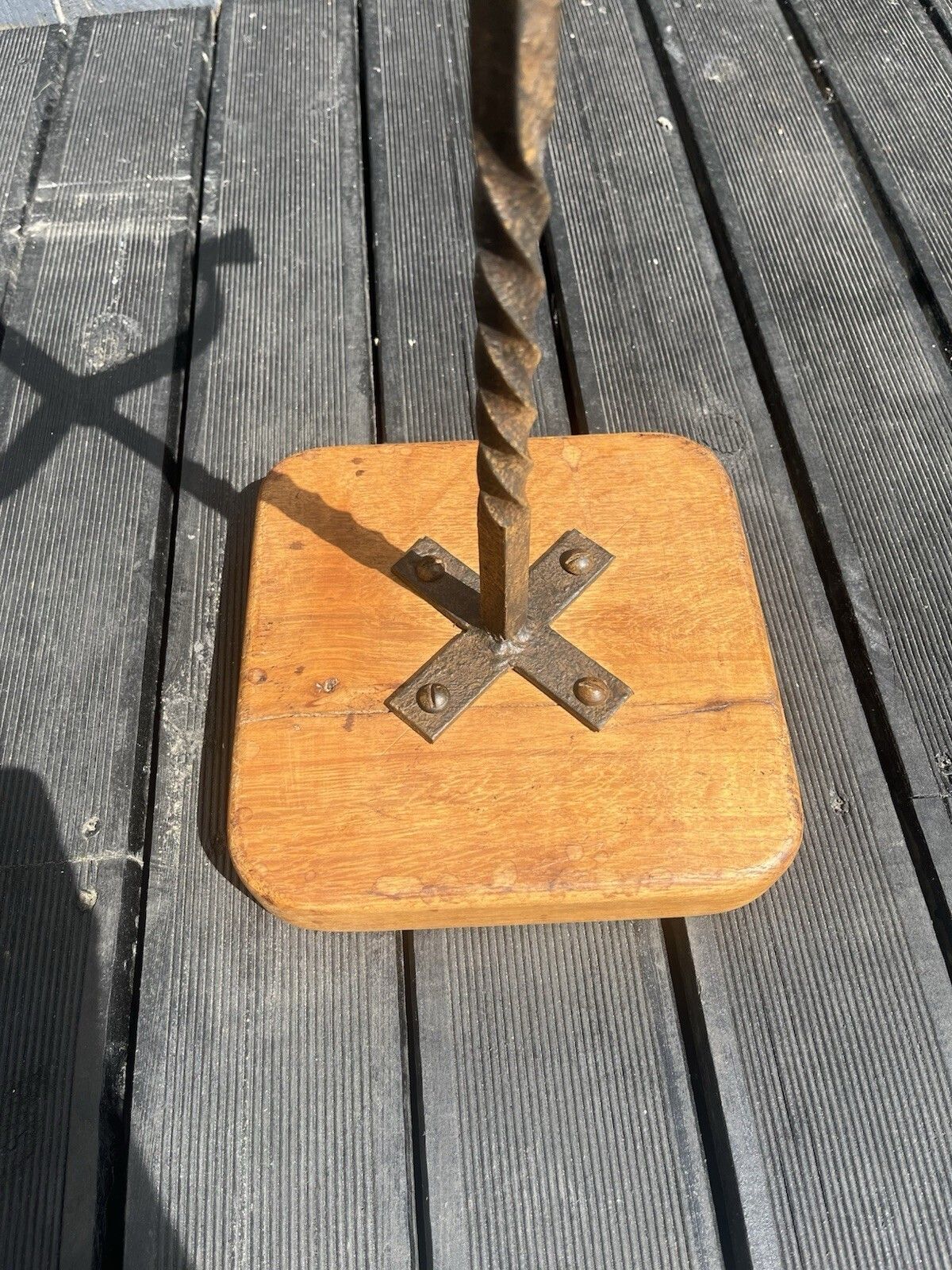 photo for sale Old Rustic Oak Wrought Iron Stool Country Farmhouse Antique Vintage Plant Stand