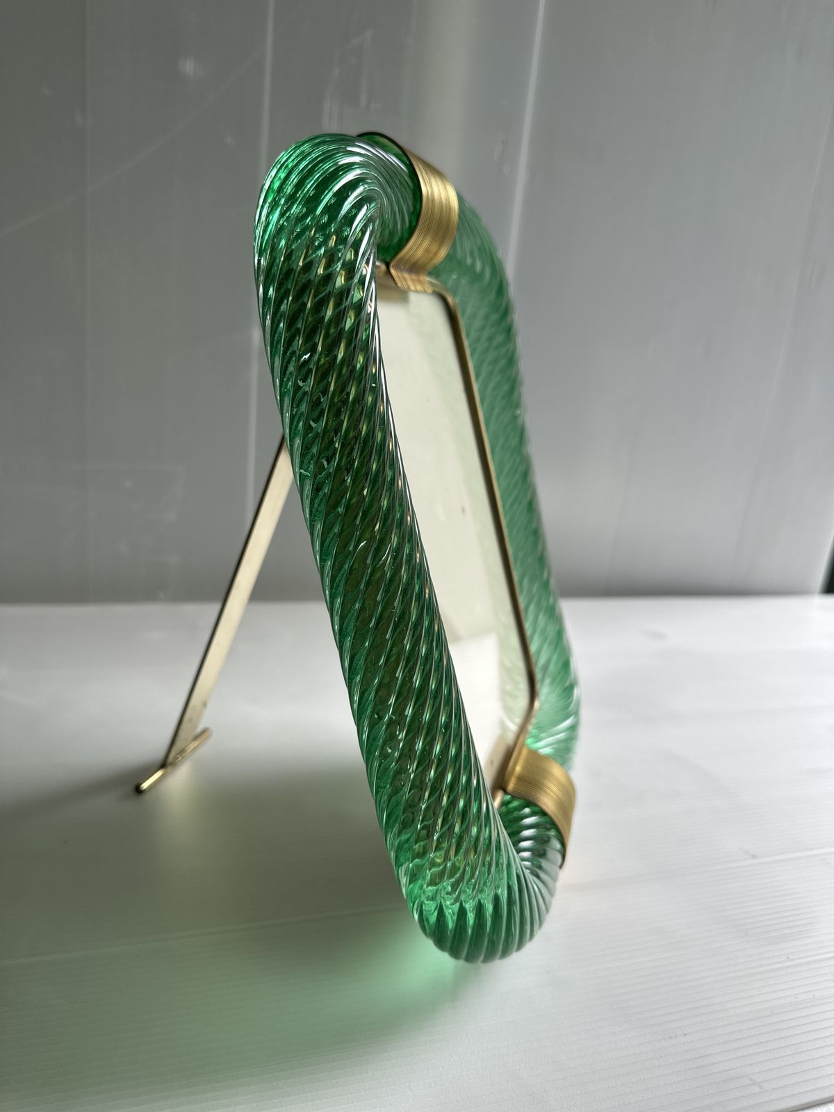 Mid Century Modern Style Green "Torchon" Murano Glass Picture Frame And Brass In Barovier Style photo for sale