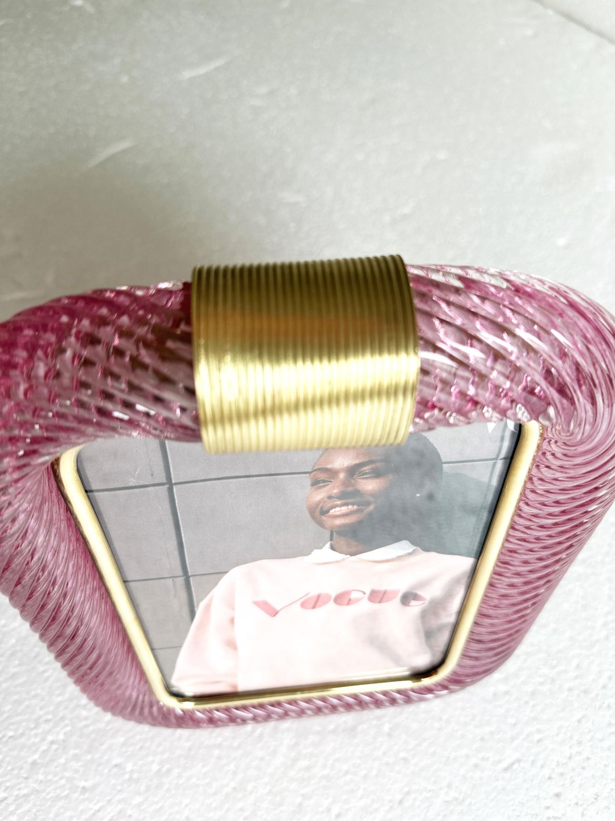 Mid Century Modern Style Pink "Torchon" Murano Glass Small Picture Frame And Brass In Barovier Style photo 1295.0