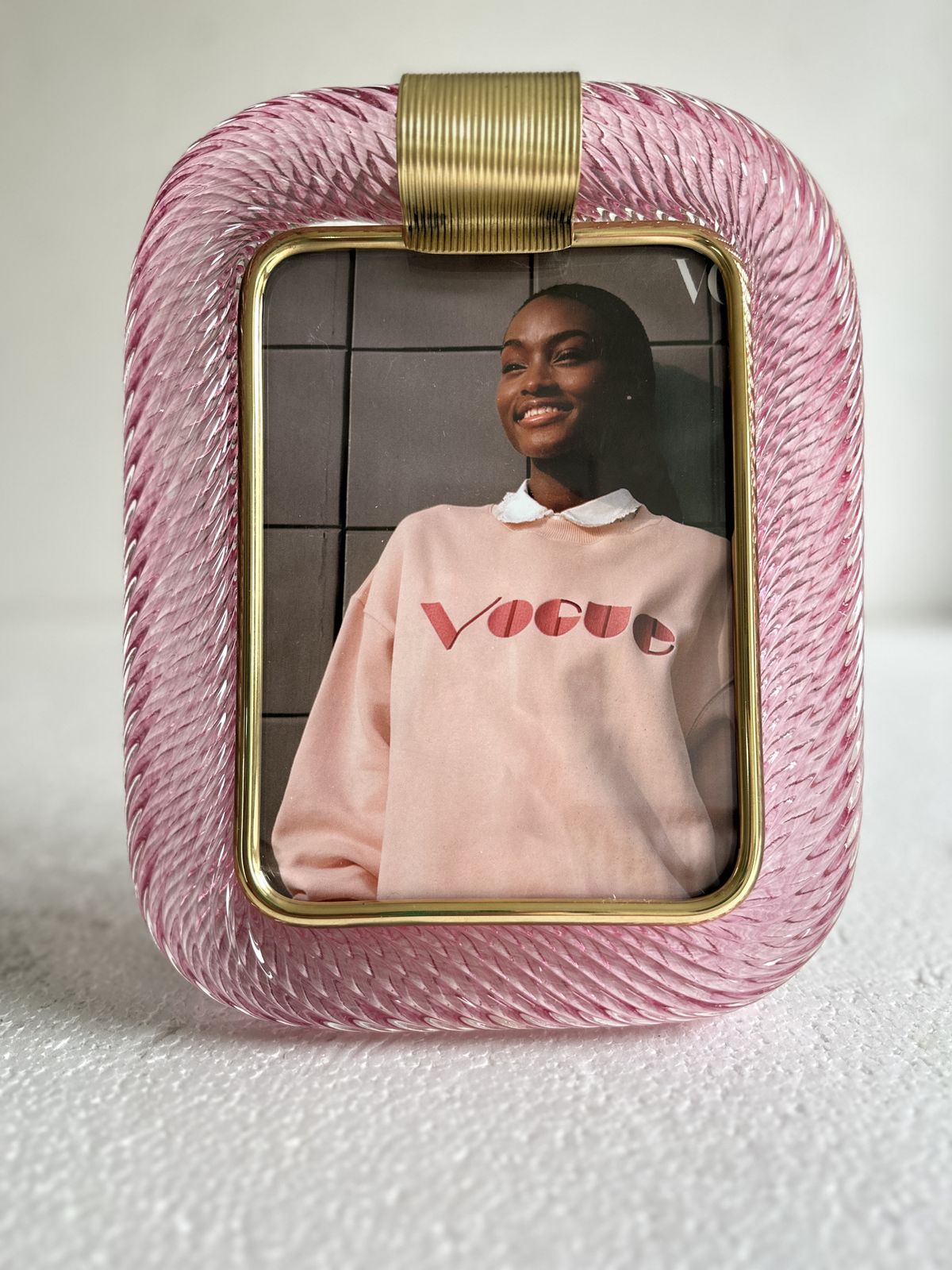 Mid Century Modern Style Pink "Torchon" Murano Glass Small Picture Frame And Brass In Barovier Style photo buy