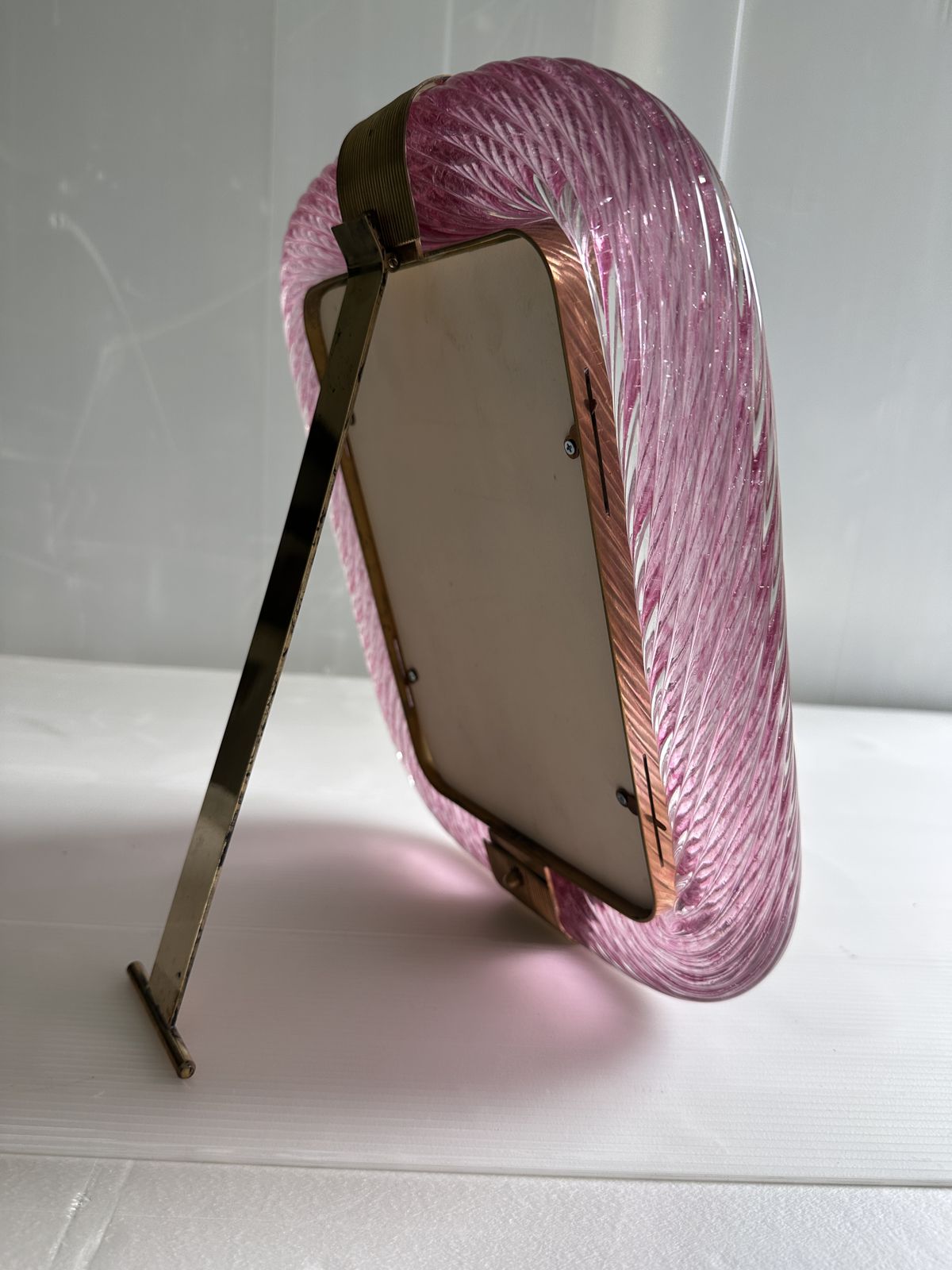 Mid Century Modern Style Pink "Torchon" Murano Glass Picture Frame And Brass In Barovier Style photo furniture