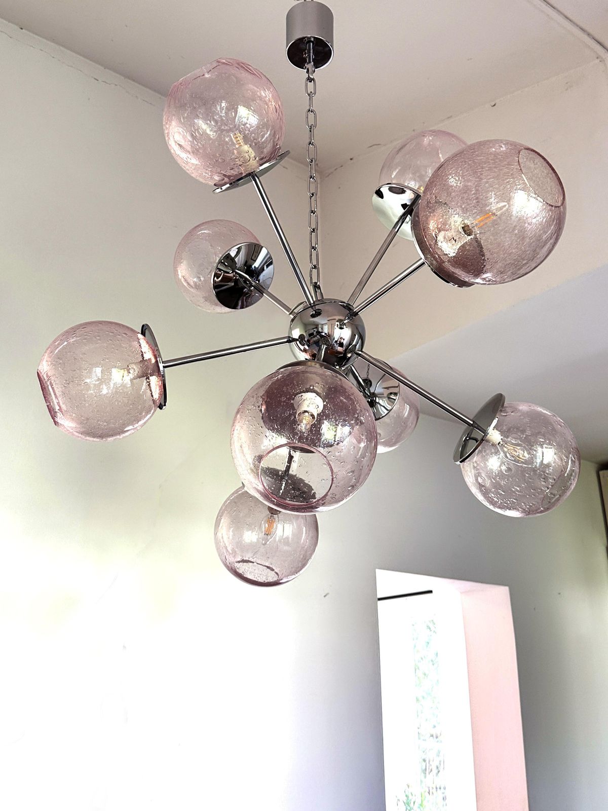 Contemporary Italian Chromed Sputnik Chandelier In Pink "Pulegoso" Murano Glass