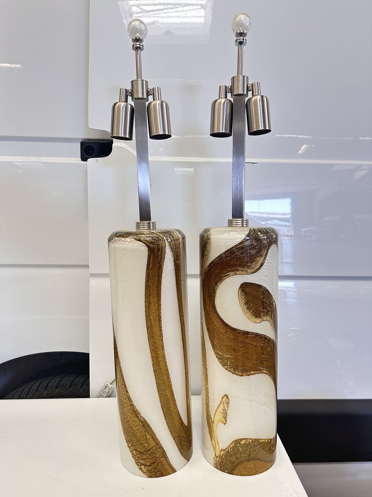 Set Of Two Milky White, Gold And Amber Murano Glass Table Lamps photo vintage