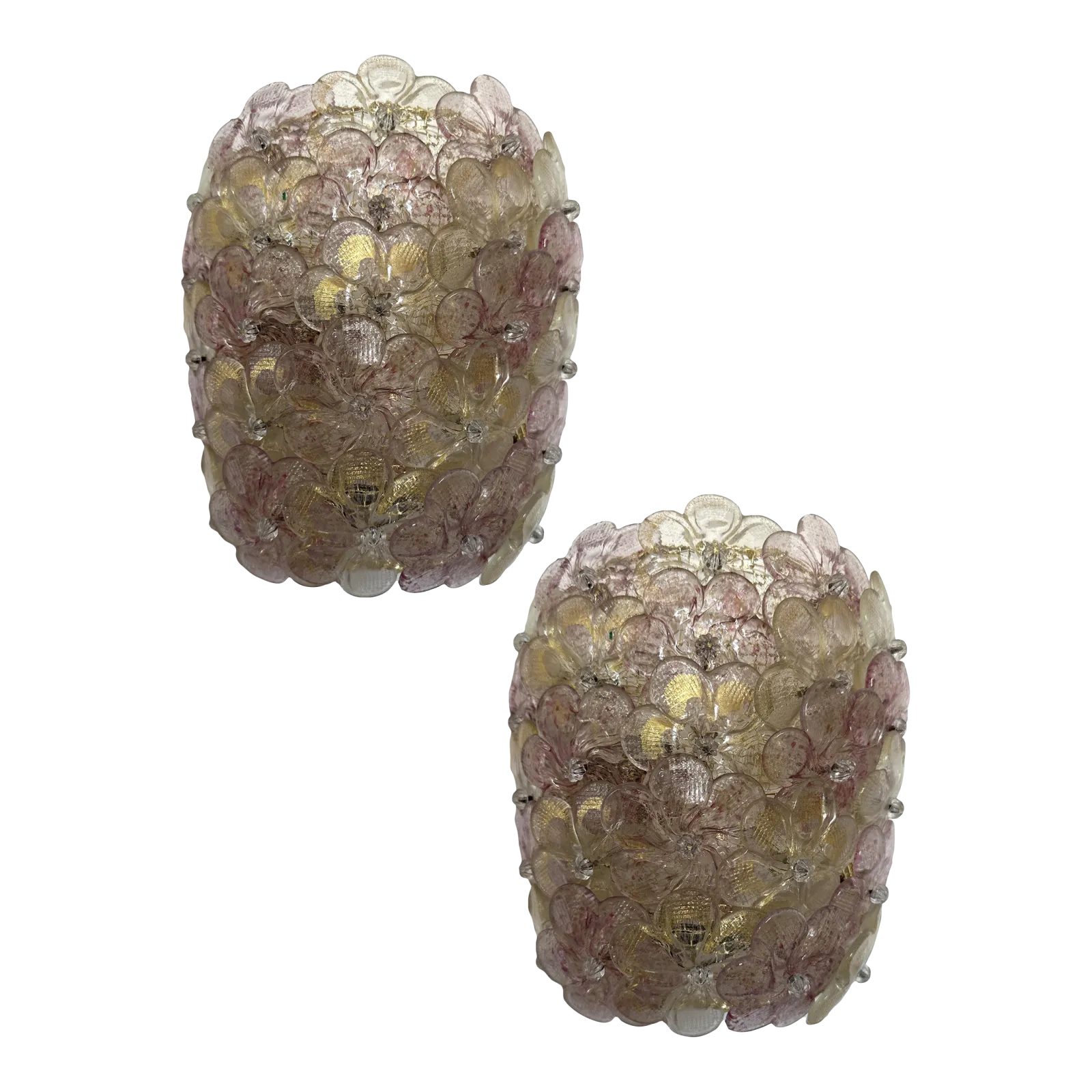 Set Of Two Venetian Gold And Violet "Flowers" Murano Glass Wall Sconces