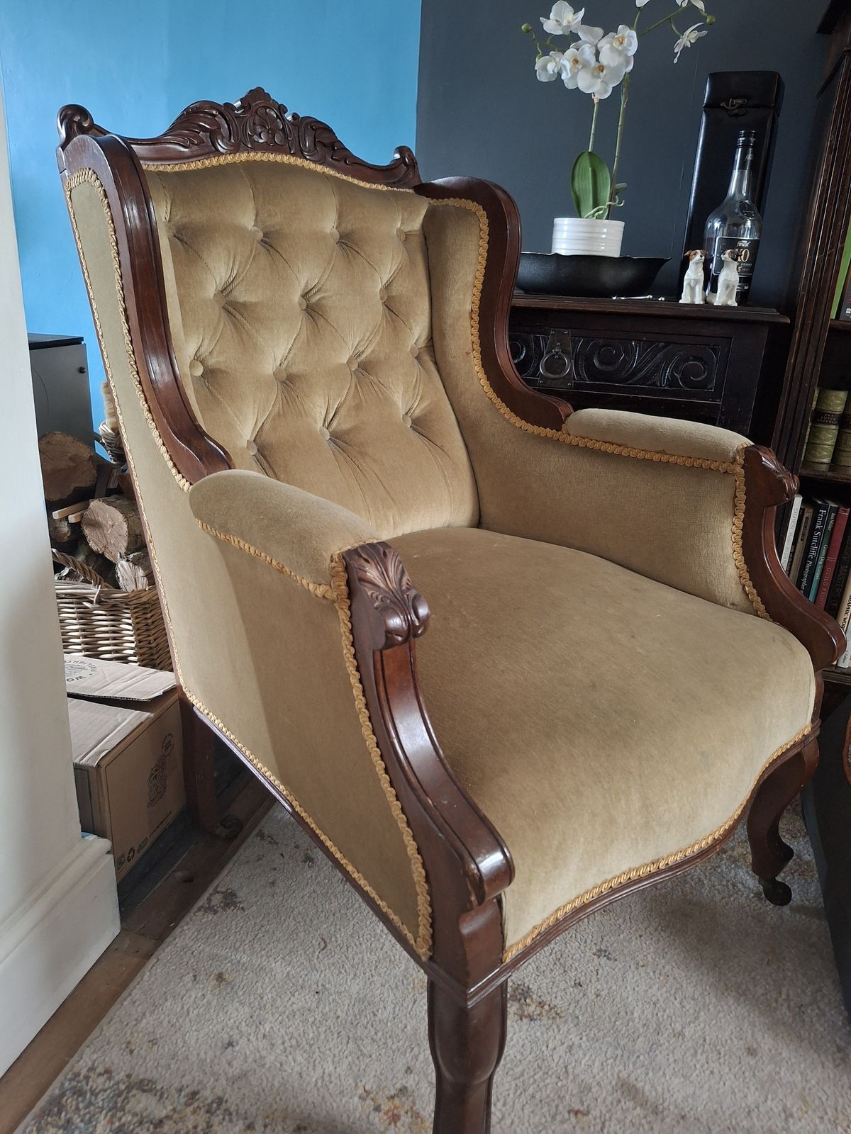Antique Mahogany And Velvet Arm Chair