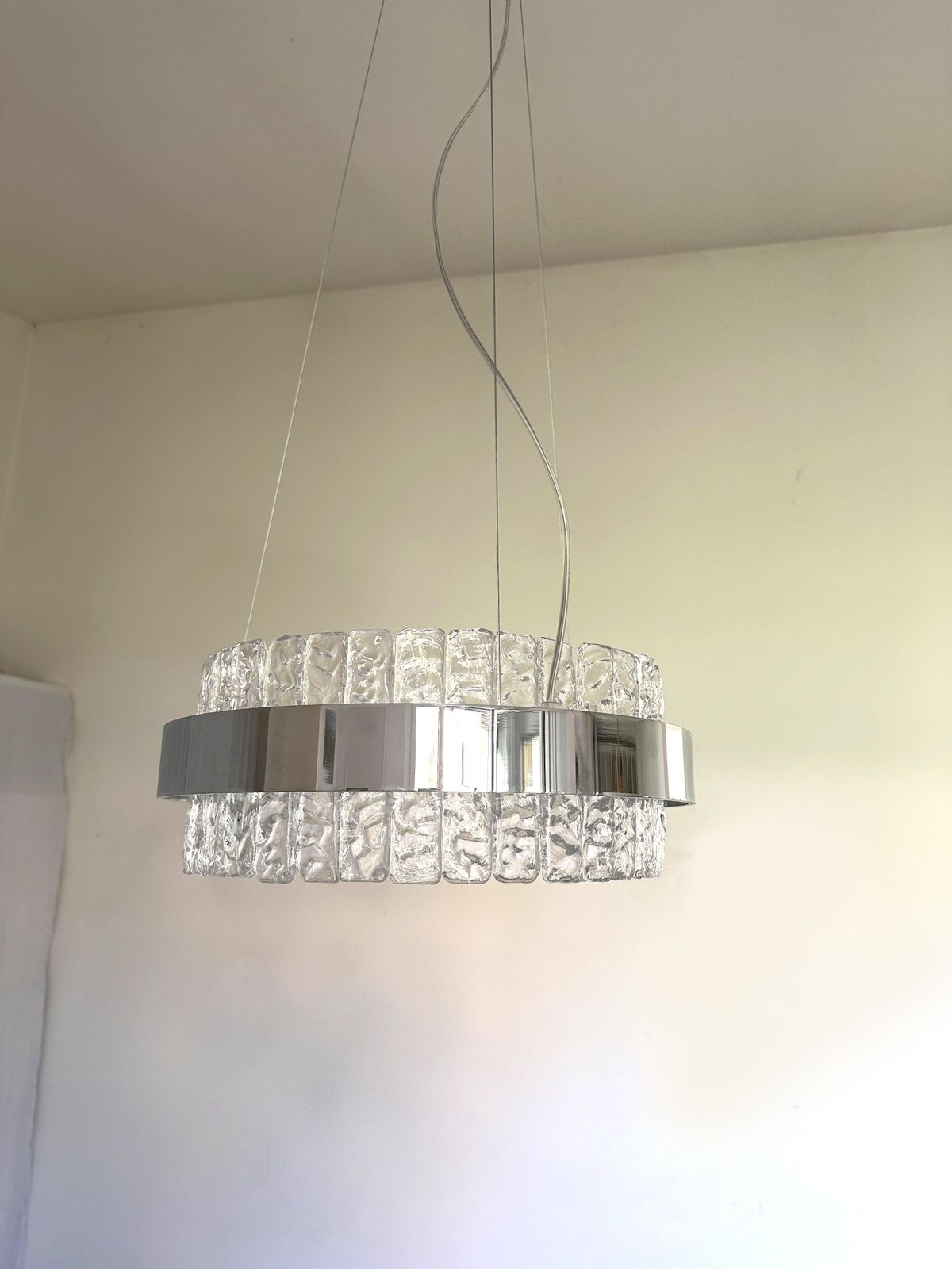 Murano Glass "Ice" Chandelier Hammered Clear Glass In Polish Kromo Ring With Strip Led photo vinterior