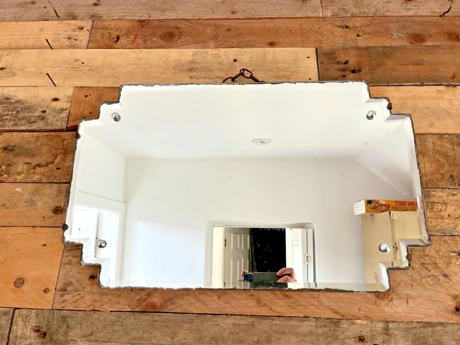 photo vinterior Antique 20's Art Deco Stepped Bevelled Bathroom Chrome Caps Mantel Wall Mirror