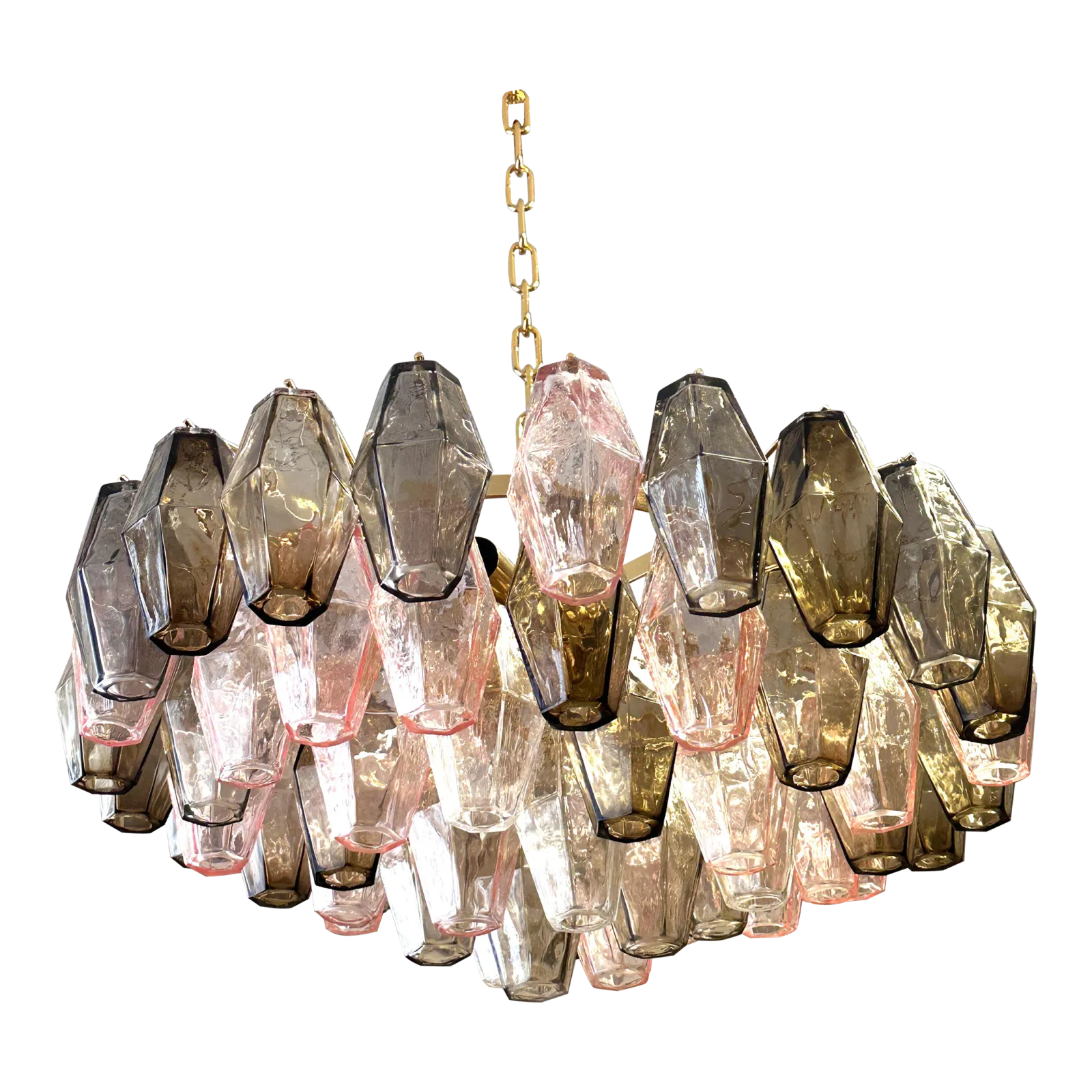 Contemporary Chandelier With Pink And Fume’ “Poliedri” Murano Glass In Venini Style