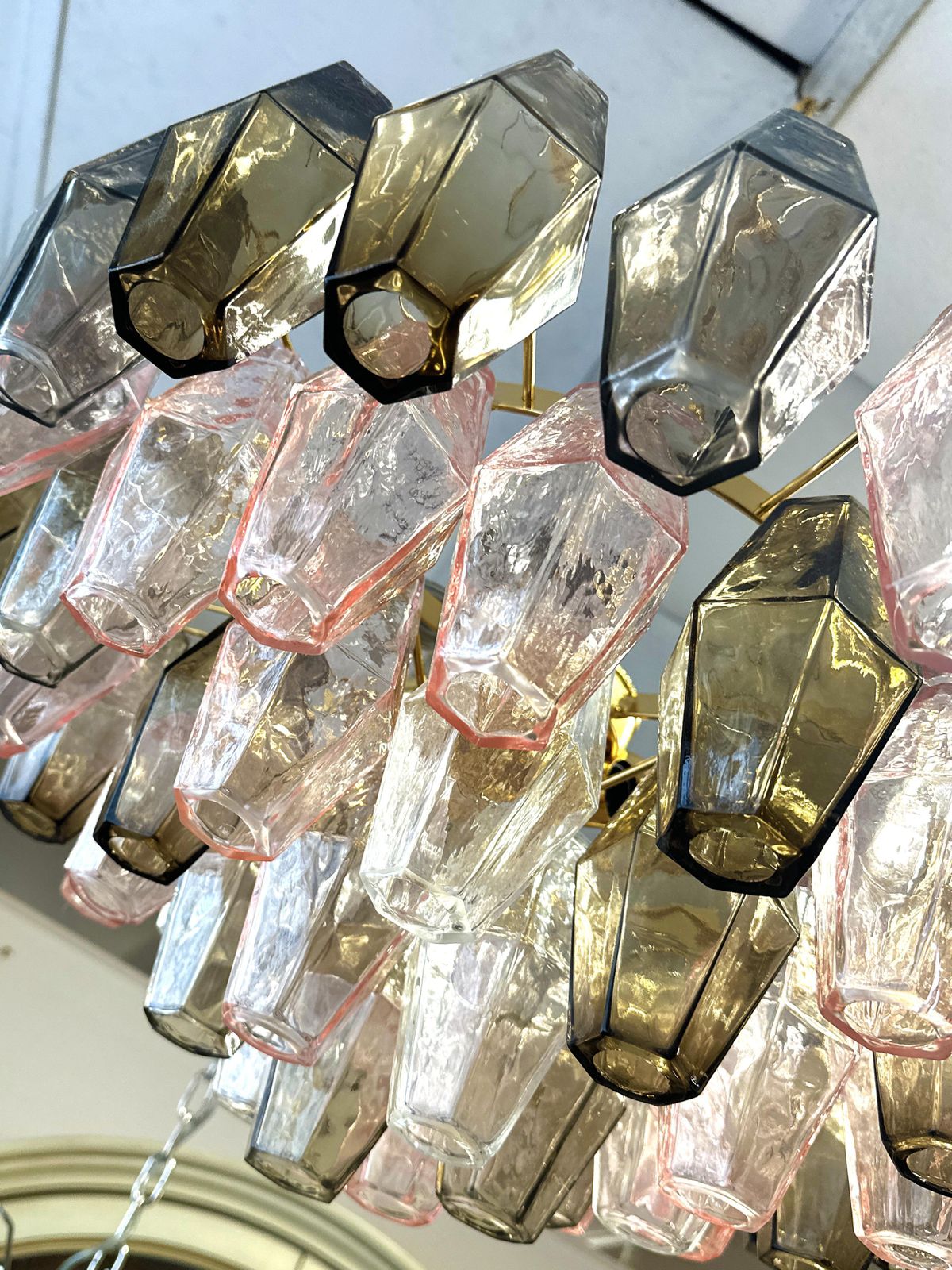 Contemporary Chandelier With Pink And Fume’ “Poliedri” Murano Glass In Venini Style photo for sale