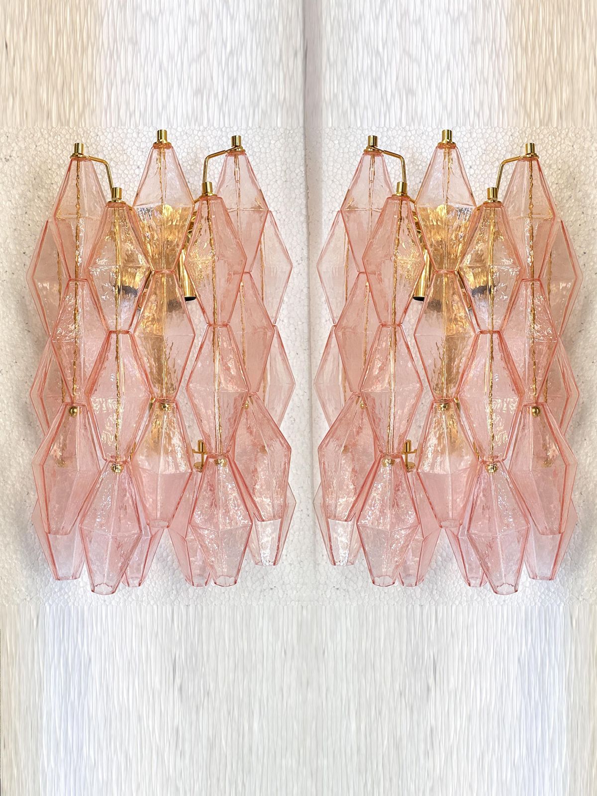 Set Of Two Contemporary Pink “Poliedri” Murano Glass Gold 24k Wall Sconces photo vintage