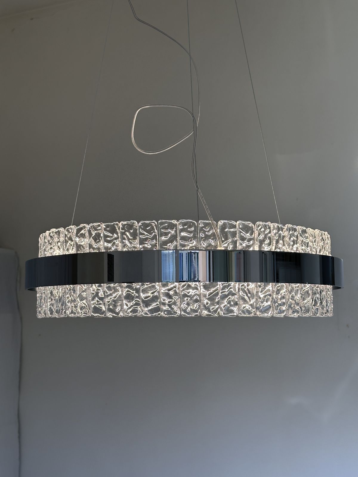 Murano Glass "Ice" Chandelier Hammered Clear Glass In Polish Kromo Ring With Strip Led photo furniture