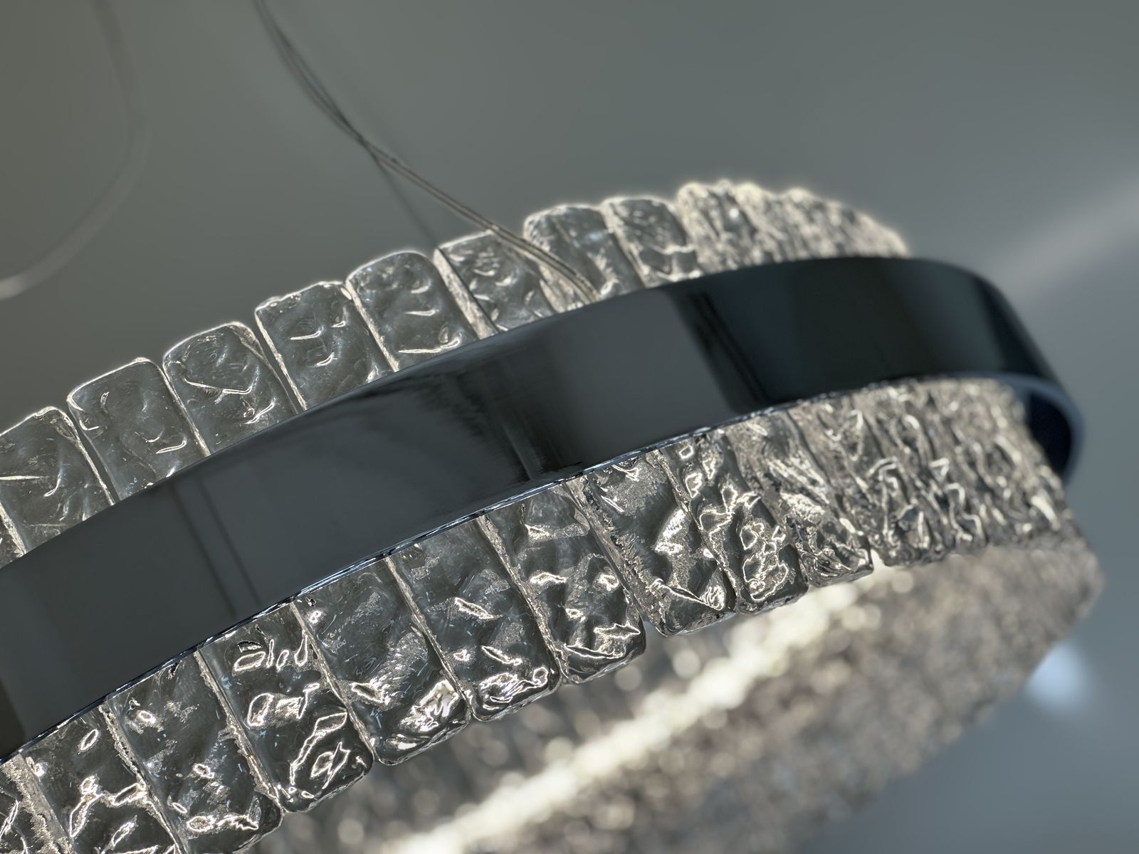 Murano Glass "Ice" Chandelier Hammered Clear Glass In Polish Kromo Ring With Strip Led photo Lighting