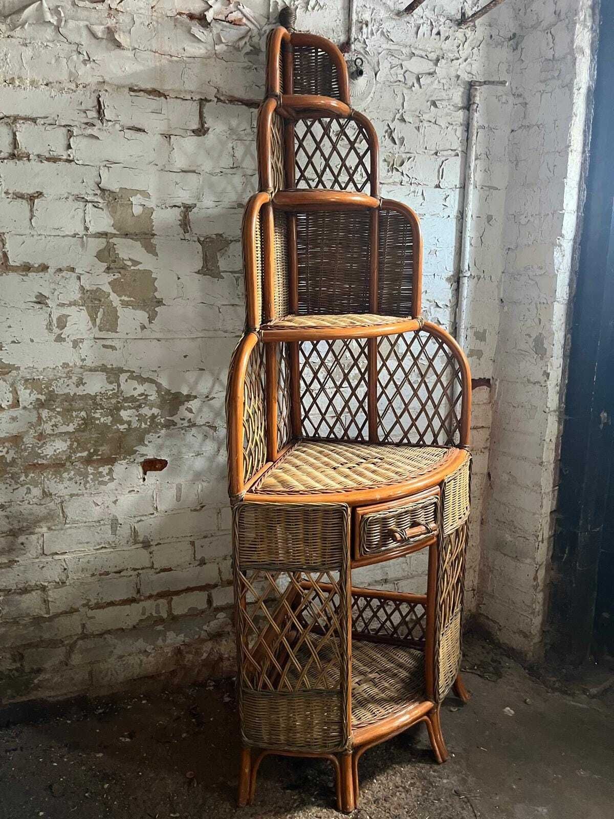 Vintage Wicker Corner Cabinet / Shelf Unit/ Storage / Shelving photo vinterior
