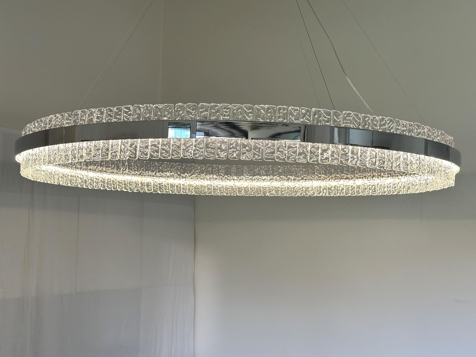 Murano Glass "Ice" Chandelier Hammered Clear Glass In Polish Kromo Ring With Strip Led photo 26622.0