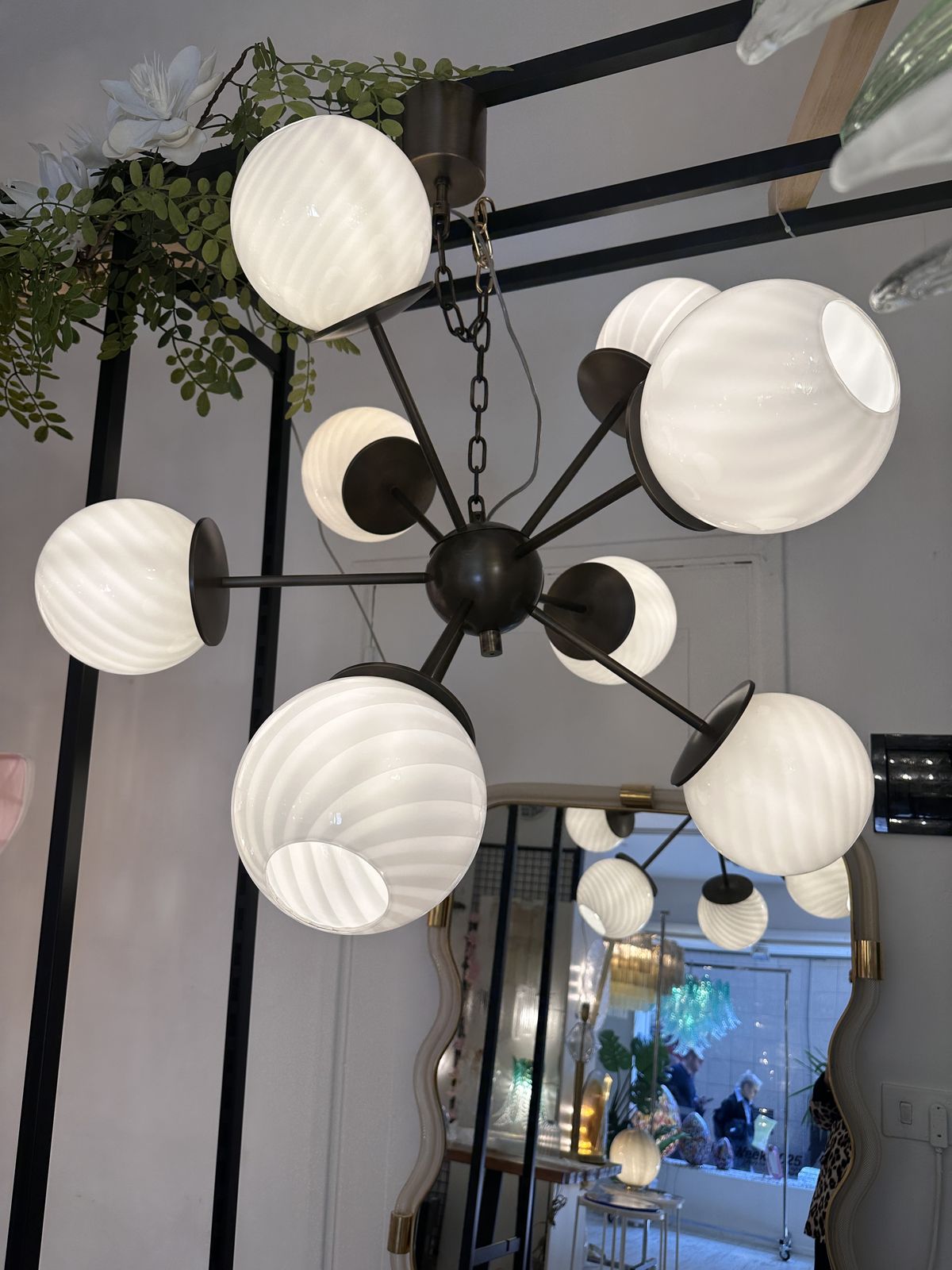 Italian Burnished Sputnik Chandelier In Milky White Swirl Style Murano Glass photo 9059.0