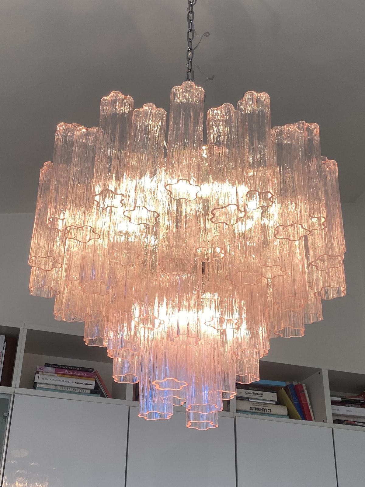Contemporary Pink “Tronchi” Murano Glass Chandelier In Venini Style photo vintage