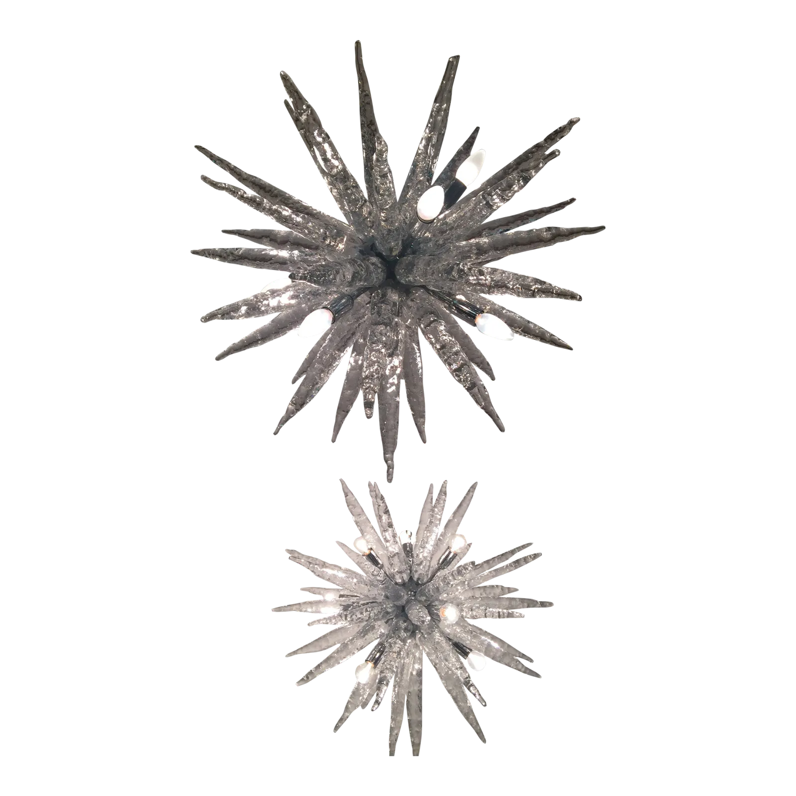 Set Of 2 Murano Glass Ice Clear Sputnik Italian Chandelier