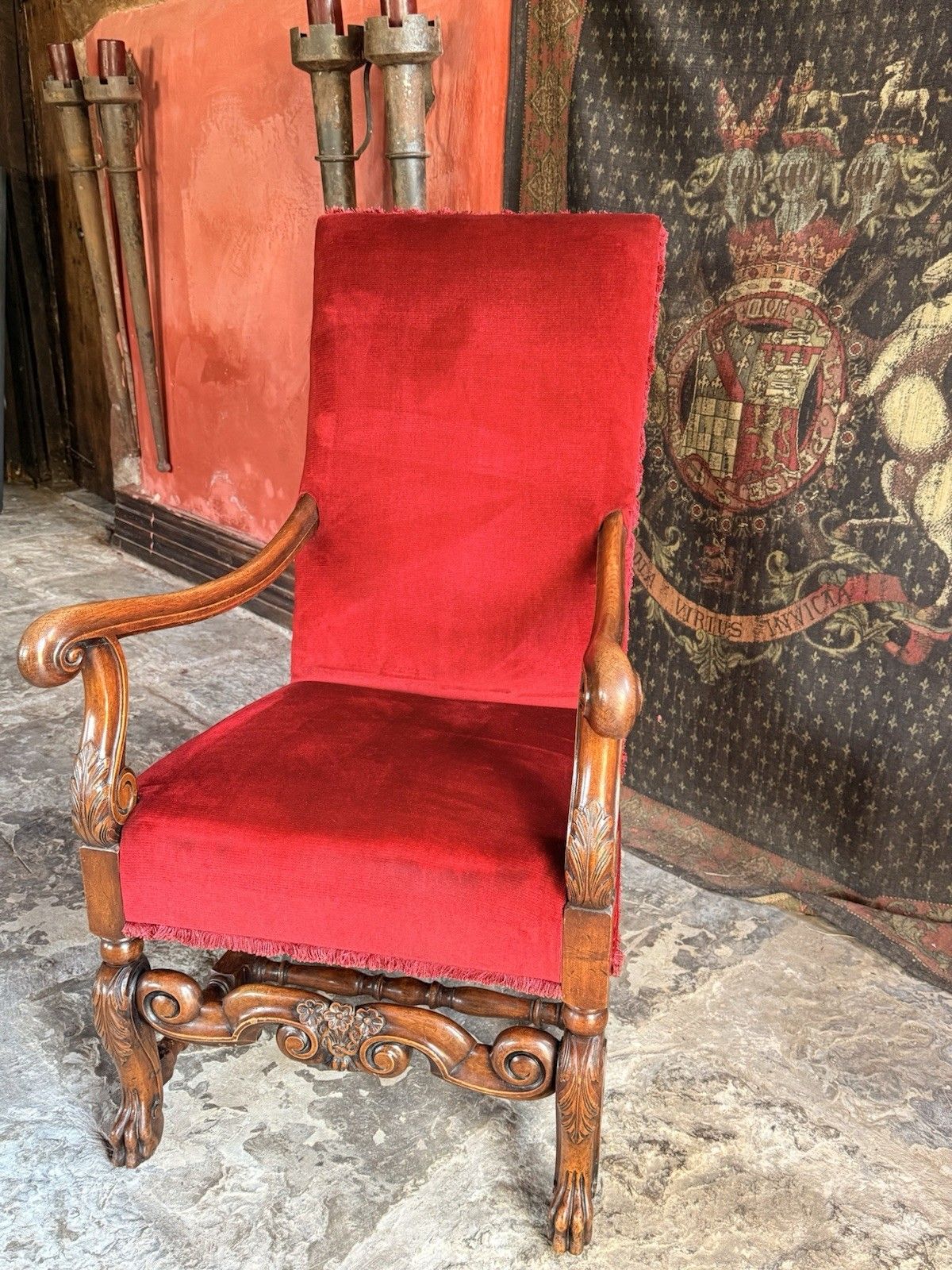 Substancial Heavy Carved Oak Red Antique Throne Arm Chair Stamped Circa 1919 photo vinterior